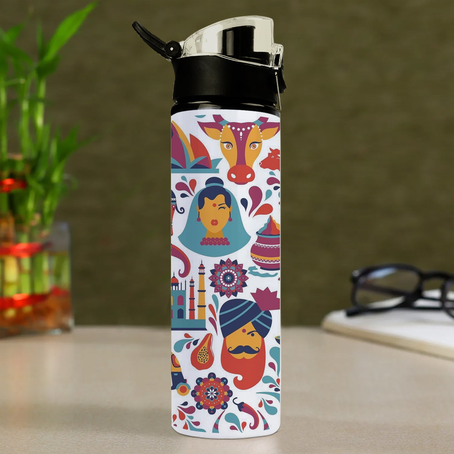 Indian architecture and Asian traditions set Pro Vector Printed Flip Flop Water Bottle 750 ml For Gym, Yoga, Kids, Boys, Girls, Brother, Sister, Babies, Baby, Workout, Adults