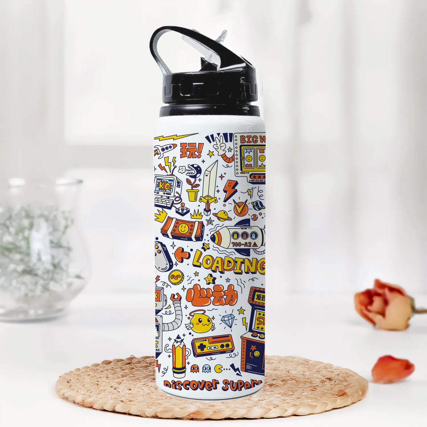 Game city colorfull doodle art Printed Black Nozzle Water Bottle 750 ml For Gym, Yoga, Kids, Boys, Girls, Brother, Sister, Babies, Baby, Workout, Adults