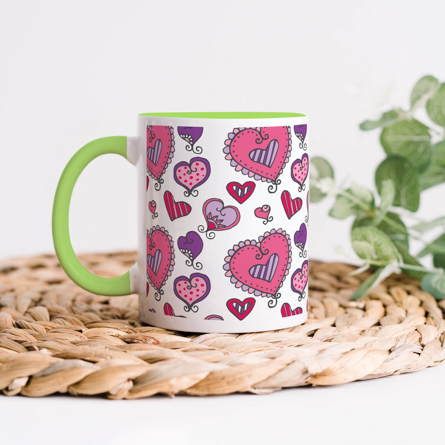 Hand drawn valentines day pattern design Light Green Handle 330 ml Coffee Mug