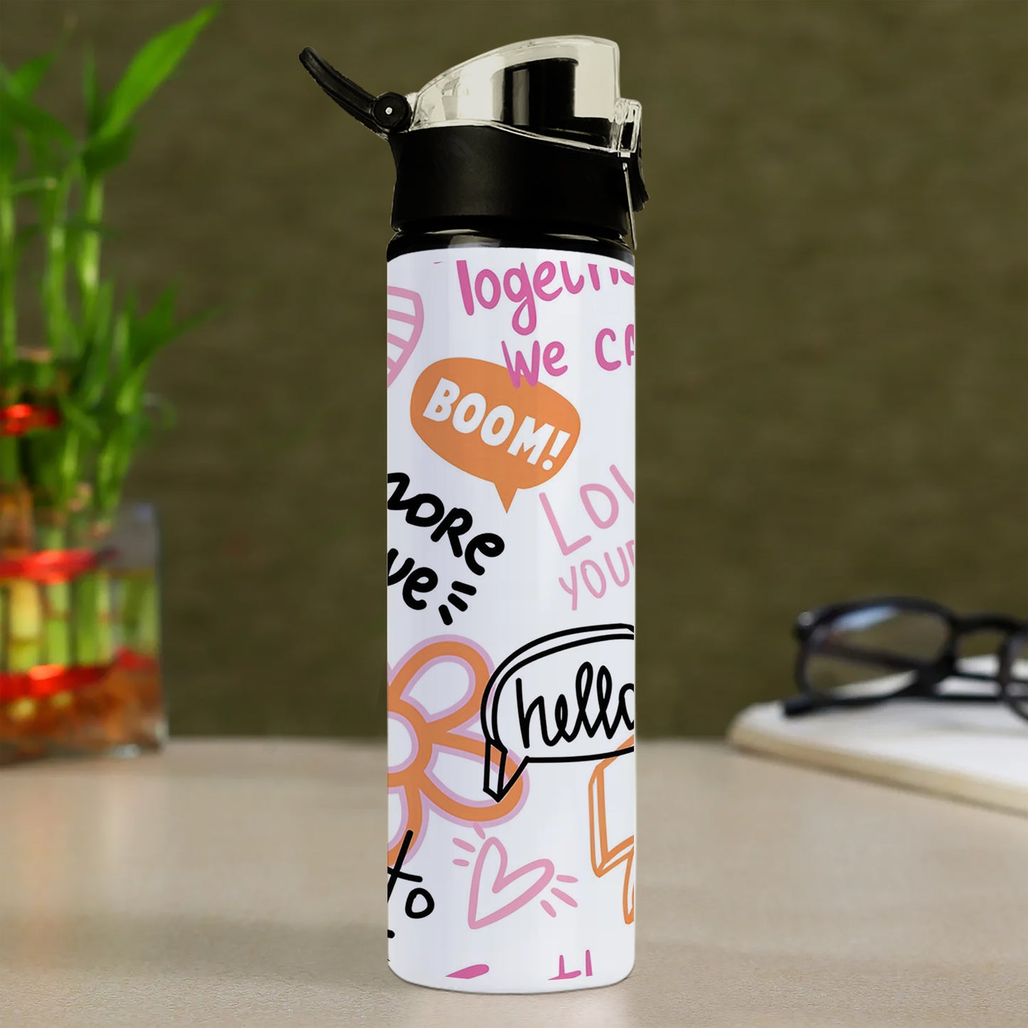 Fashion abstract seamless pattern with graffiti words Printed Flip Flop Water Bottle 750 ml For Gym, Yoga, Kids, Boys, Girls, Brother, Sister, Babies, Baby, Workout, Adults