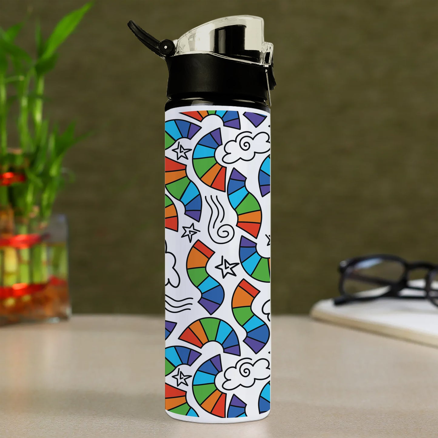 Hand drawn rainbow pattern design Printed Flip Flop Water Bottle 750 ml For Gym, Yoga, Kids, Boys, Girls, Brother, Sister, Babies, Baby, Workout, Adults