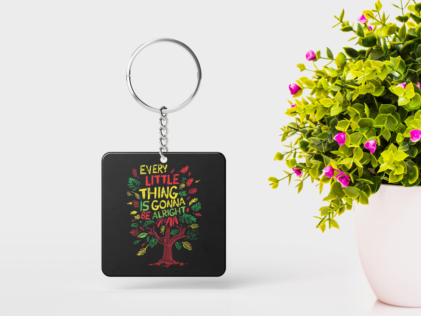 EVERY LITTLE THING IS GONNA BE ALRIGHT Printed Square Shape Wooden Keyring with Chain