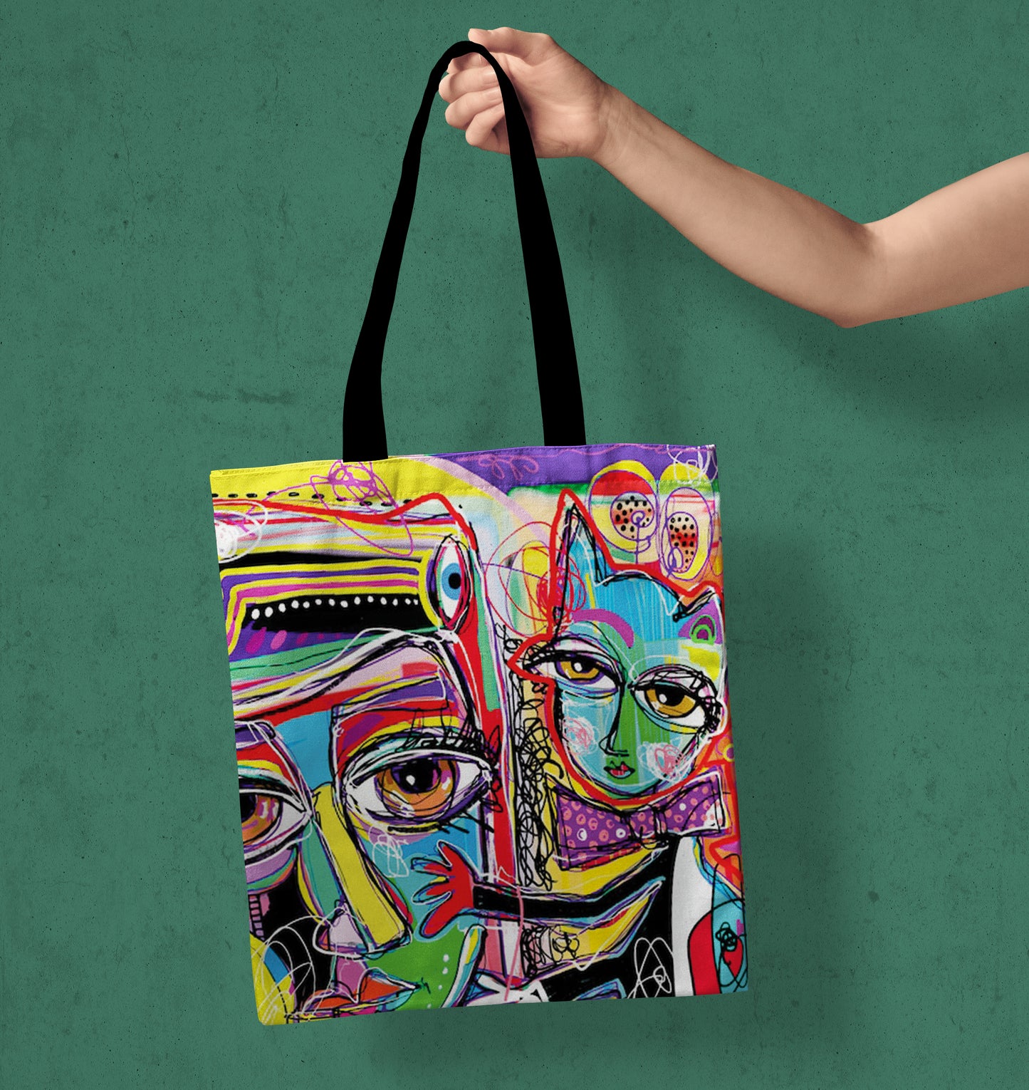 Abstract Digital Painting Printed Black Handle Tote Bag (14 X 16 Inches) For Shopping, College, Travel