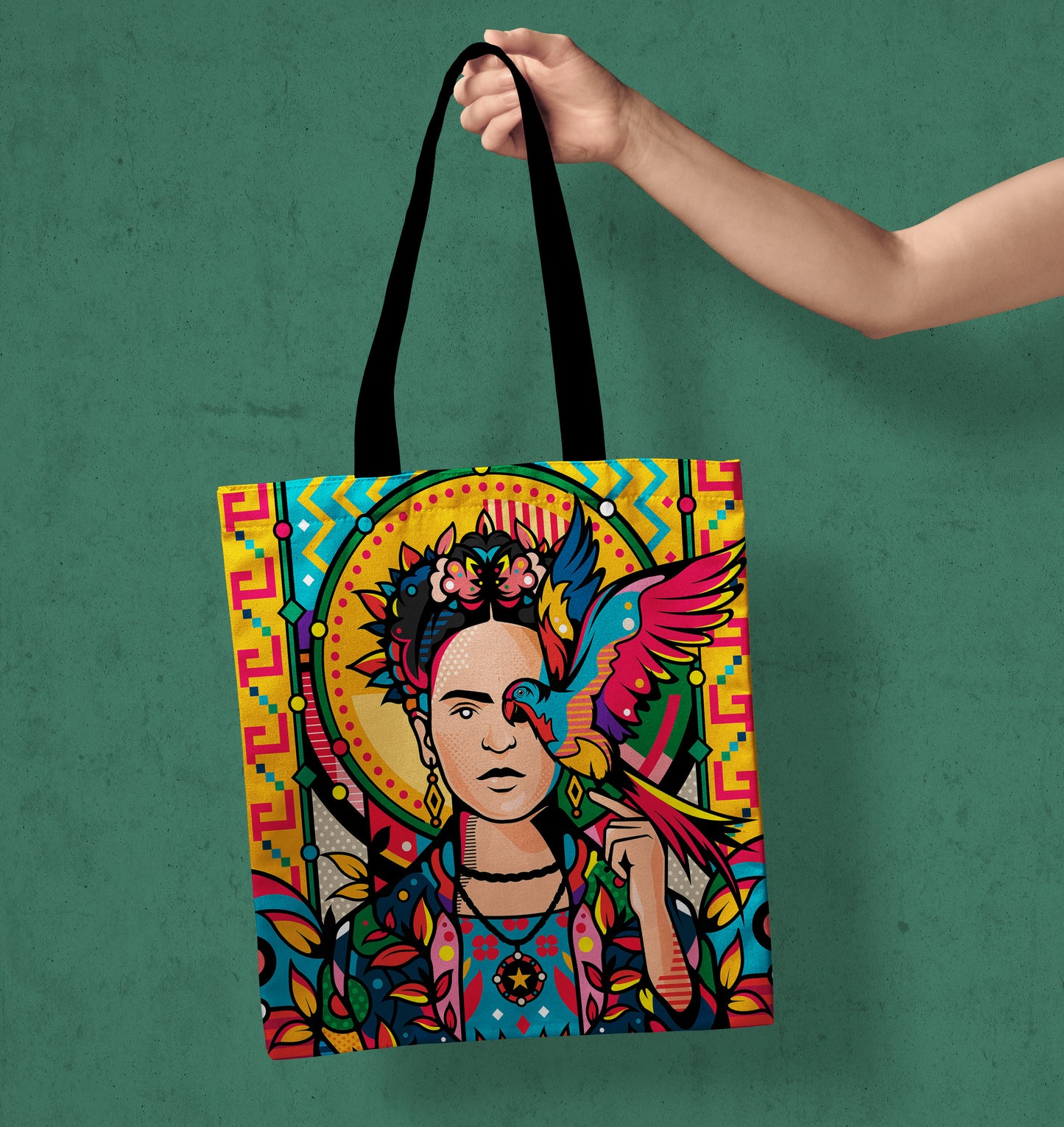 Indian Aesthetic Pop Art Design Printed Black Handle Tote Bag (14 X 16 Inches) For Shopping, College, Travel