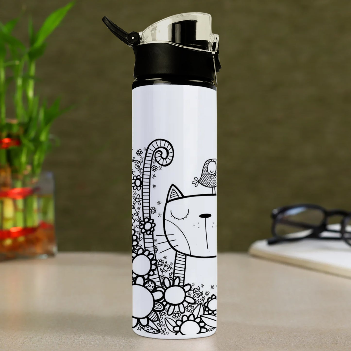 Black in white doodle art cat and birds Printed Flip Flop Water Bottle 750 ml For Gym, Yoga, Kids, Boys, Girls, Brother, Sister, Babies, Baby, Workout, Adults