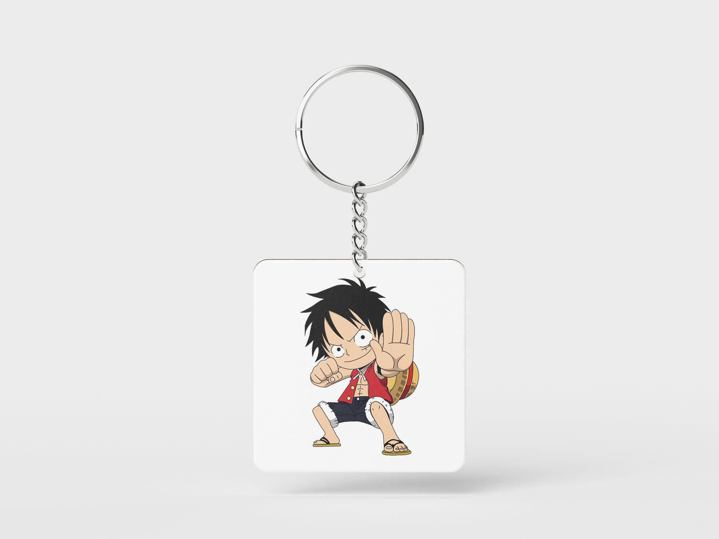 Child Monkey D Luffy Sticker Printed Square Shape Wooden Keyring with Chain