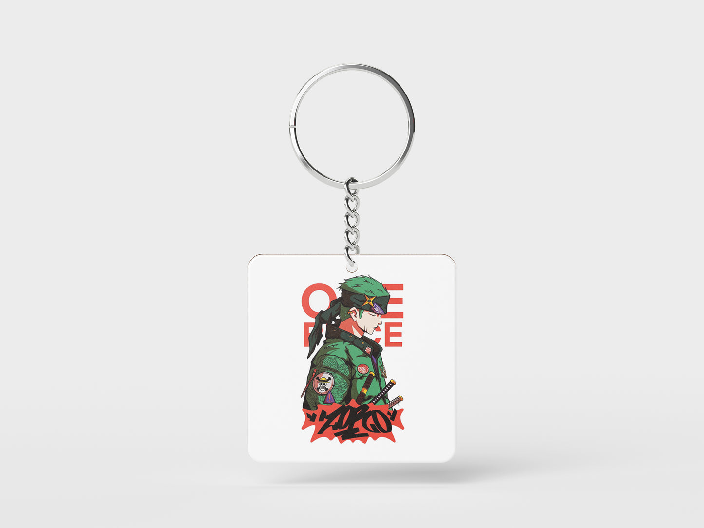 ZORO One Piece Streetwear_ Essential Printed Square Shape Wooden Keyring with Chain