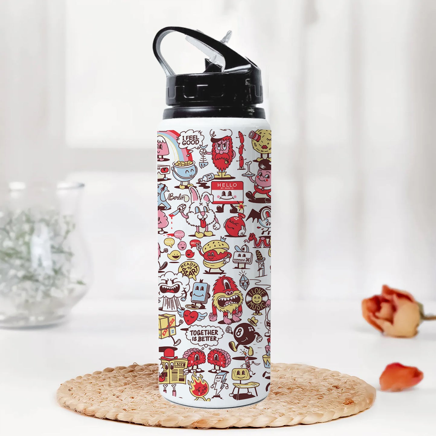Cartoon doodle Pattern Printed Black Nozzle Water Bottle 750 ml For Gym, Yoga, Kids, Boys, Girls, Brother, Sister, Babies, Baby, Workout, Adults