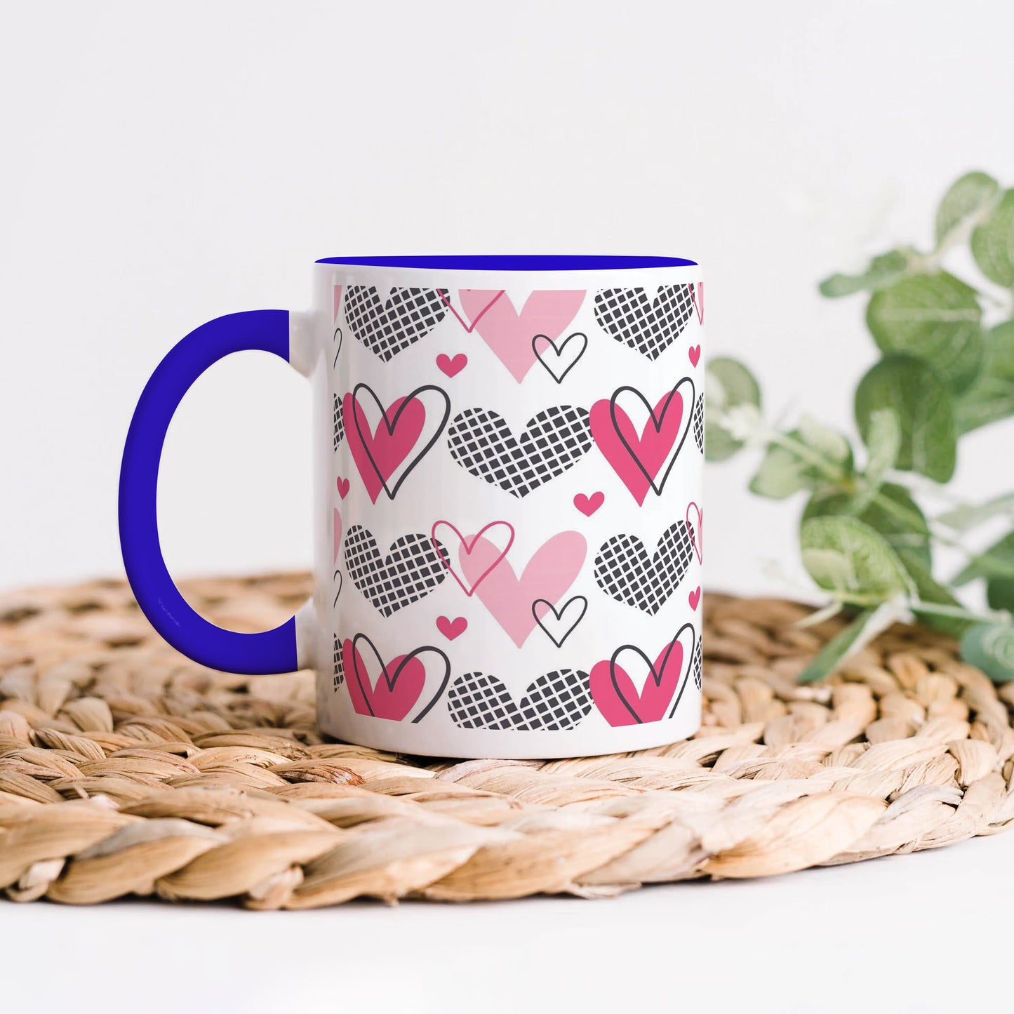 Hearts Pattern design Dark Blue Handle 330 ml Coffee Mug