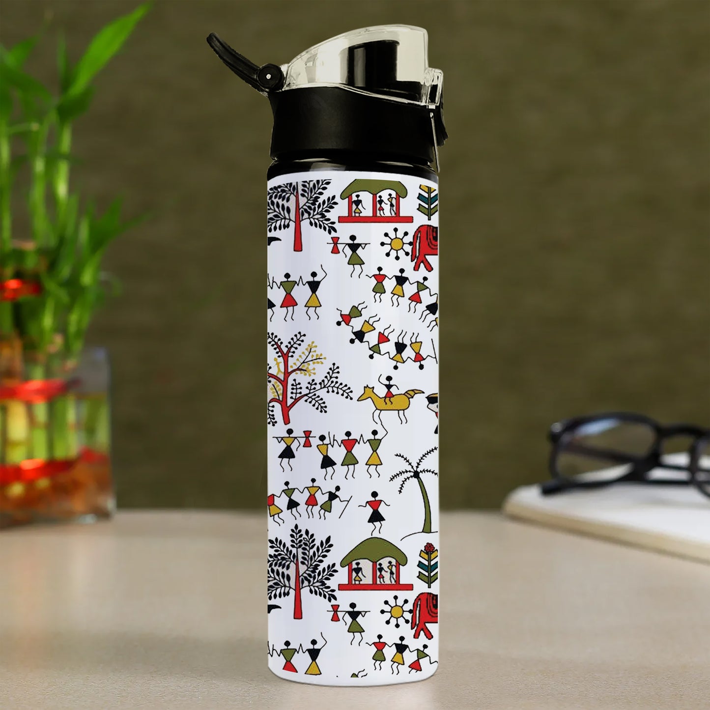 Hand drawn traditional the ancient tribal art India Printed Flip Flop Water Bottle 750 ml For Gym, Yoga, Kids, Boys, Girls, Brother, Sister, Babies, Baby, Workout, Adults