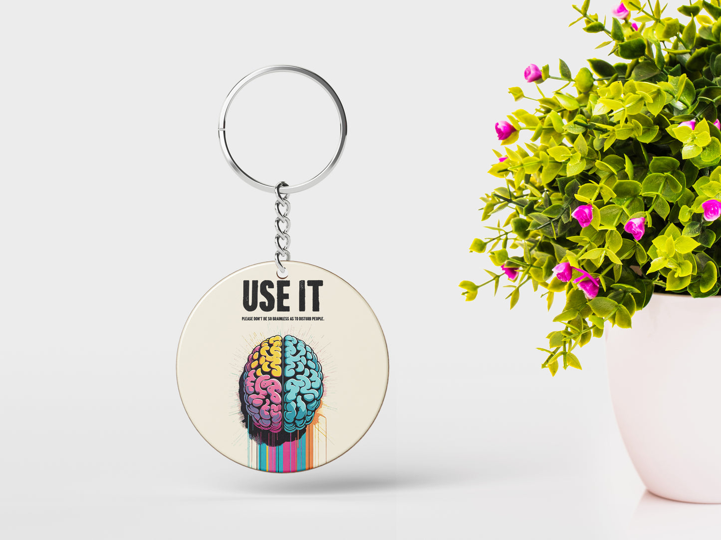 Vibrant Dual Hemisphere Brain Art Motivational Printed Round Circle Shape Wooden Keyring with Chain