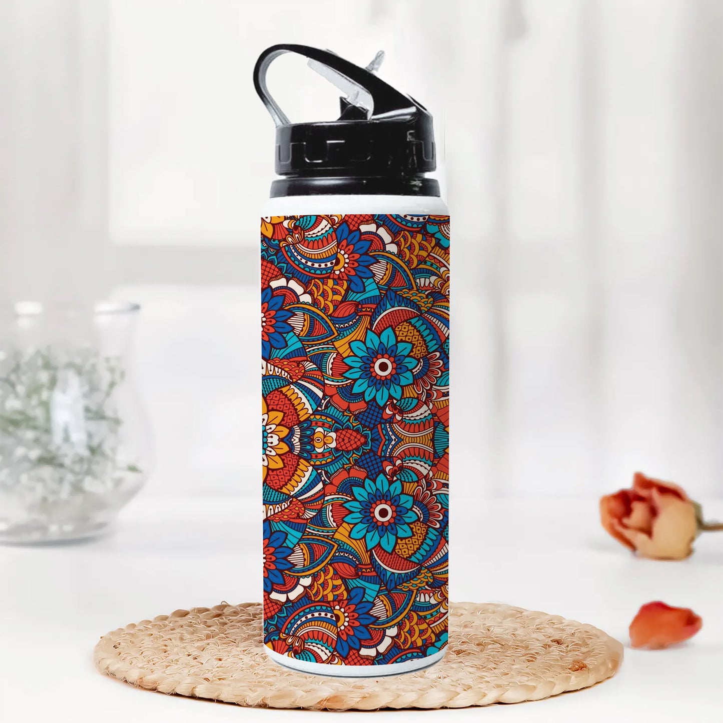 Hand drawn floral elements colorful ethnic seamless pattern Printed Black Nozzle Water Bottle 750 ml For Gym, Yoga, Kids, Boys, Girls, Brother, Sister, Babies, Baby, Workout, Adults