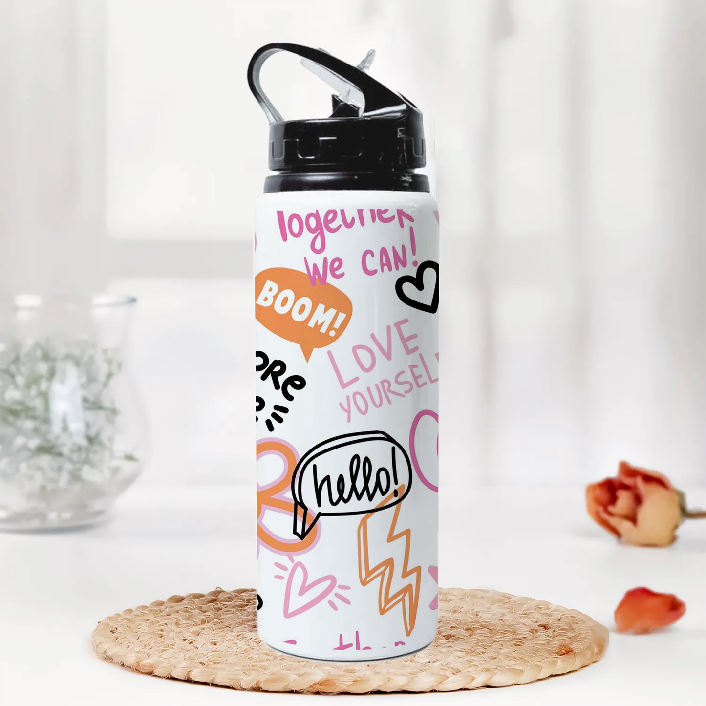 Fashion abstract seamless pattern with graffiti words Printed Black Nozzle Water Bottle 750 ml For Gym, Yoga, Kids, Boys, Girls, Brother, Sister, Babies, Baby, Workout, Adults