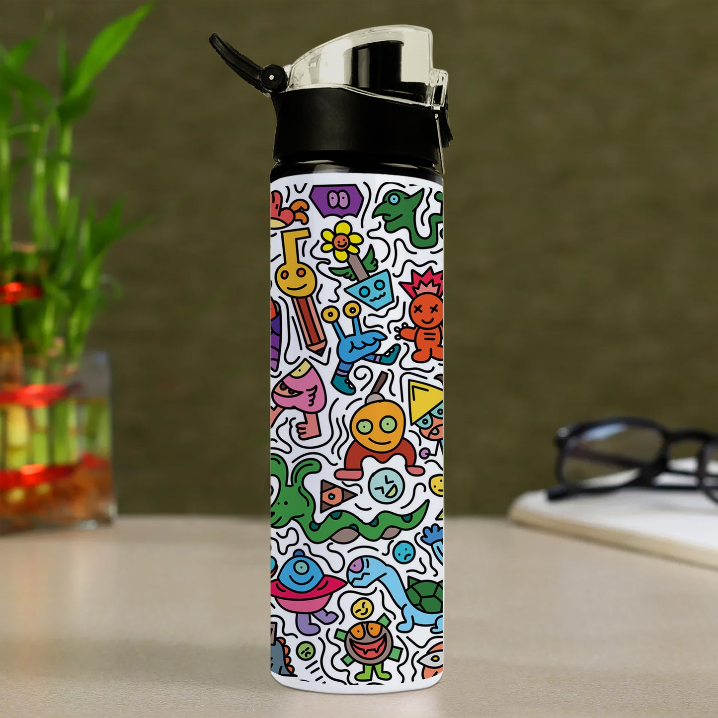 Cute colorful doodle pattern Printed Flip Flop Water Bottle 750 ml For Gym, Yoga, Kids, Boys, Girls, Brother, Sister, Babies, Baby, Workout, Adults