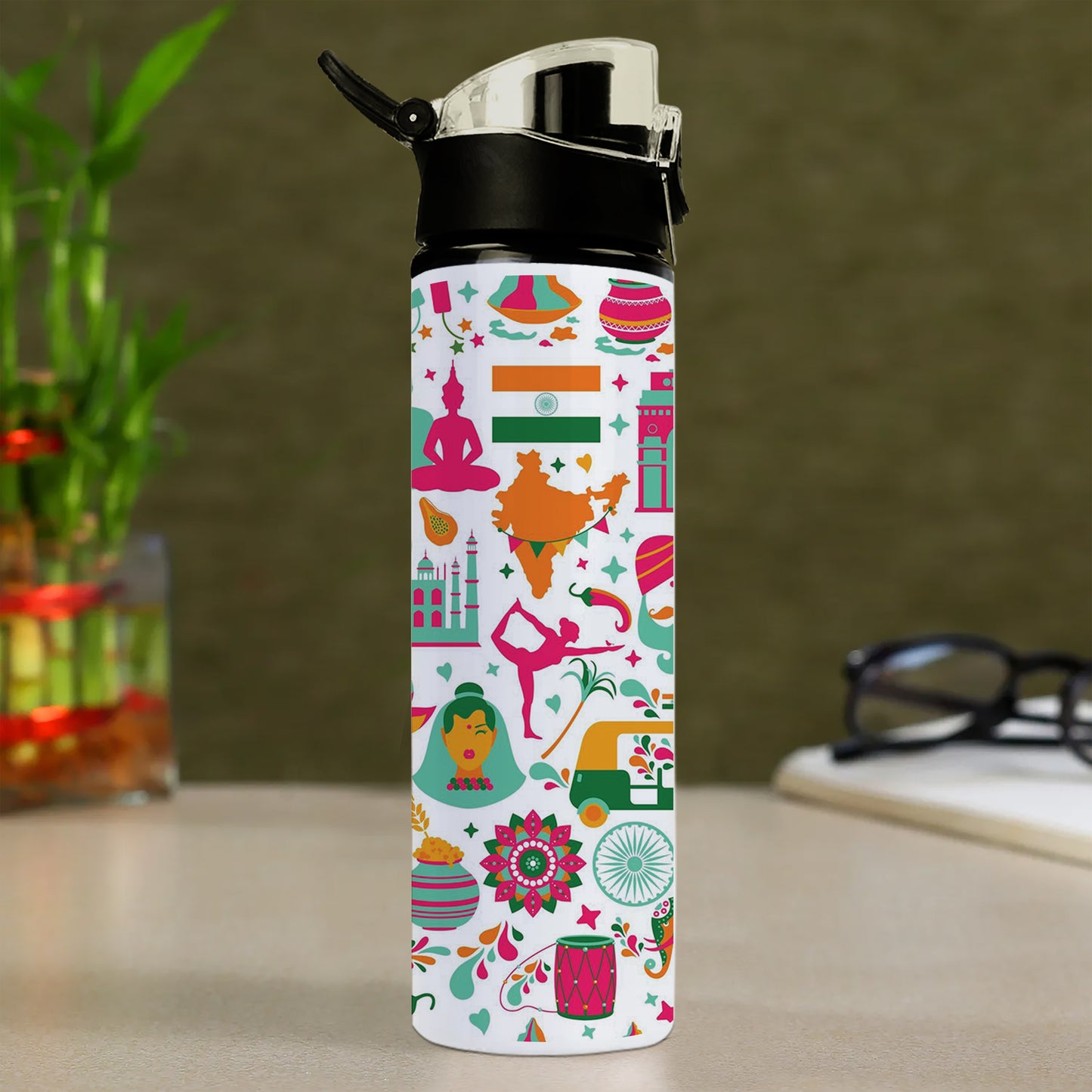 Indian architecture and Asian traditions set Pro Vector Printed Flip Flop Water Bottle 750 ml For Gym, Yoga, Kids, Boys, Girls, Brother, Sister, Babies, Baby, Workout, Adults