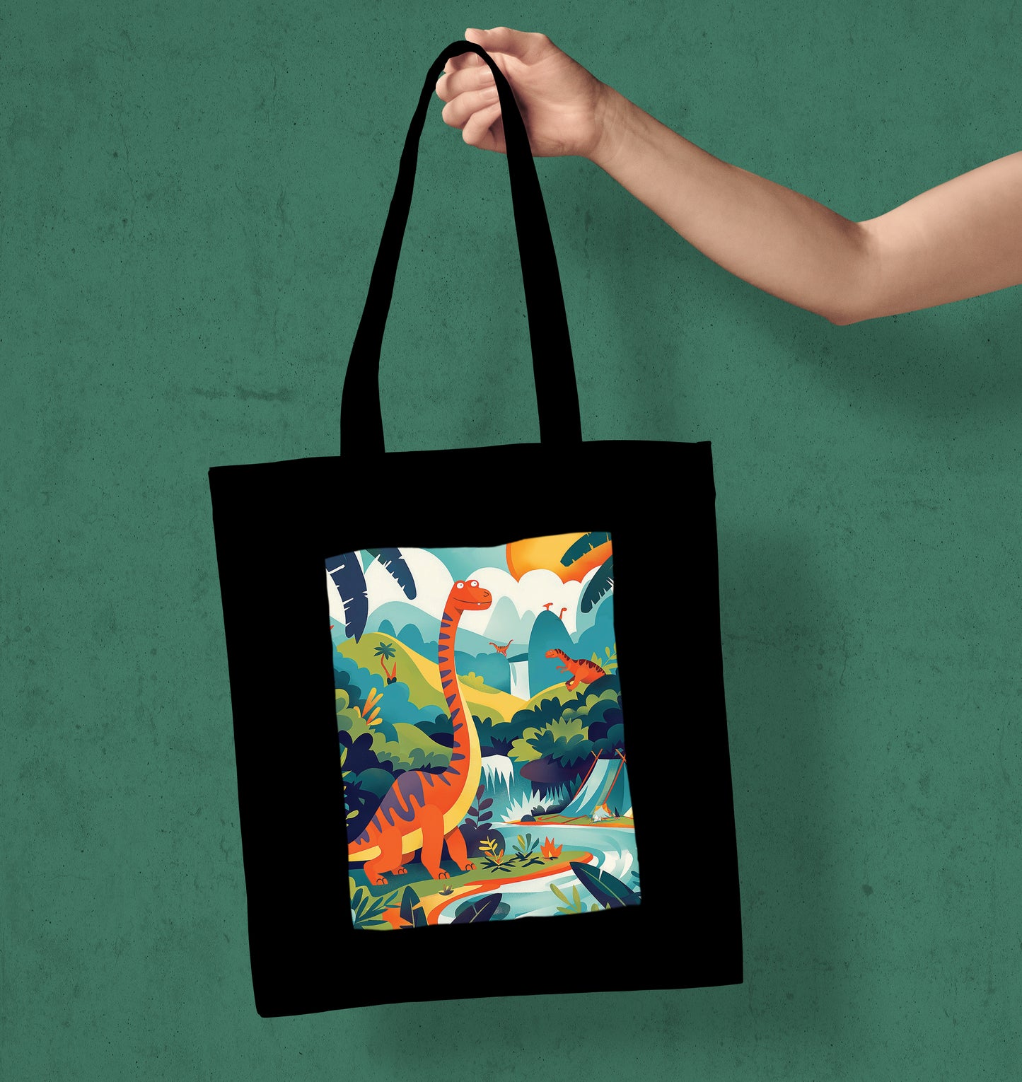 Dinosaur in a jungle vector Art Design Printed Black Patch With Pocket Tote Bag (14 X 16 Inches) For Shopping, College, Travel