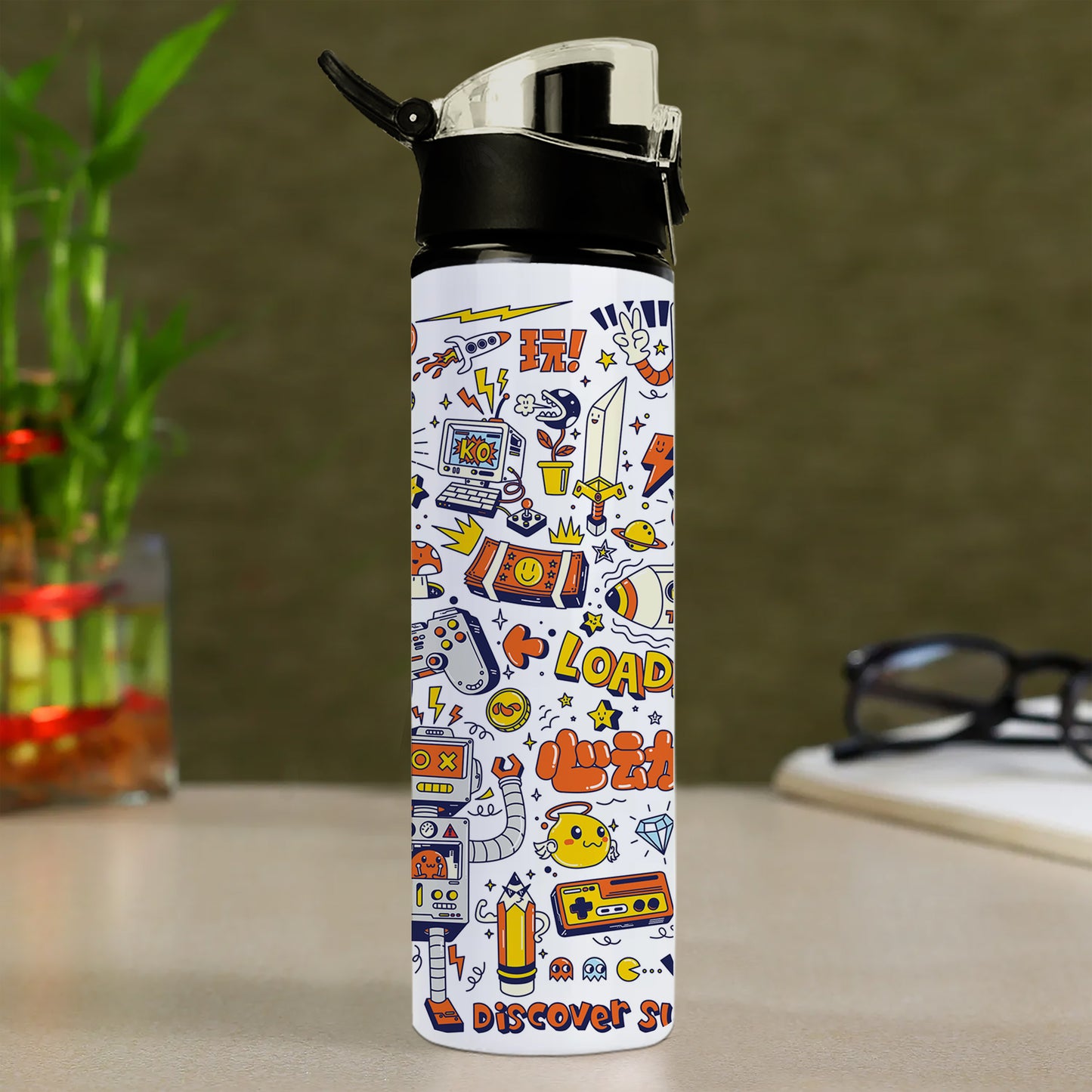 Game city colorful doodle art Printed Flip Flop Water Bottle 750 ml For Gym, Yoga, Kids, Boys, Girls, Brother, Sister, Babies, Baby, Workout, Adults
