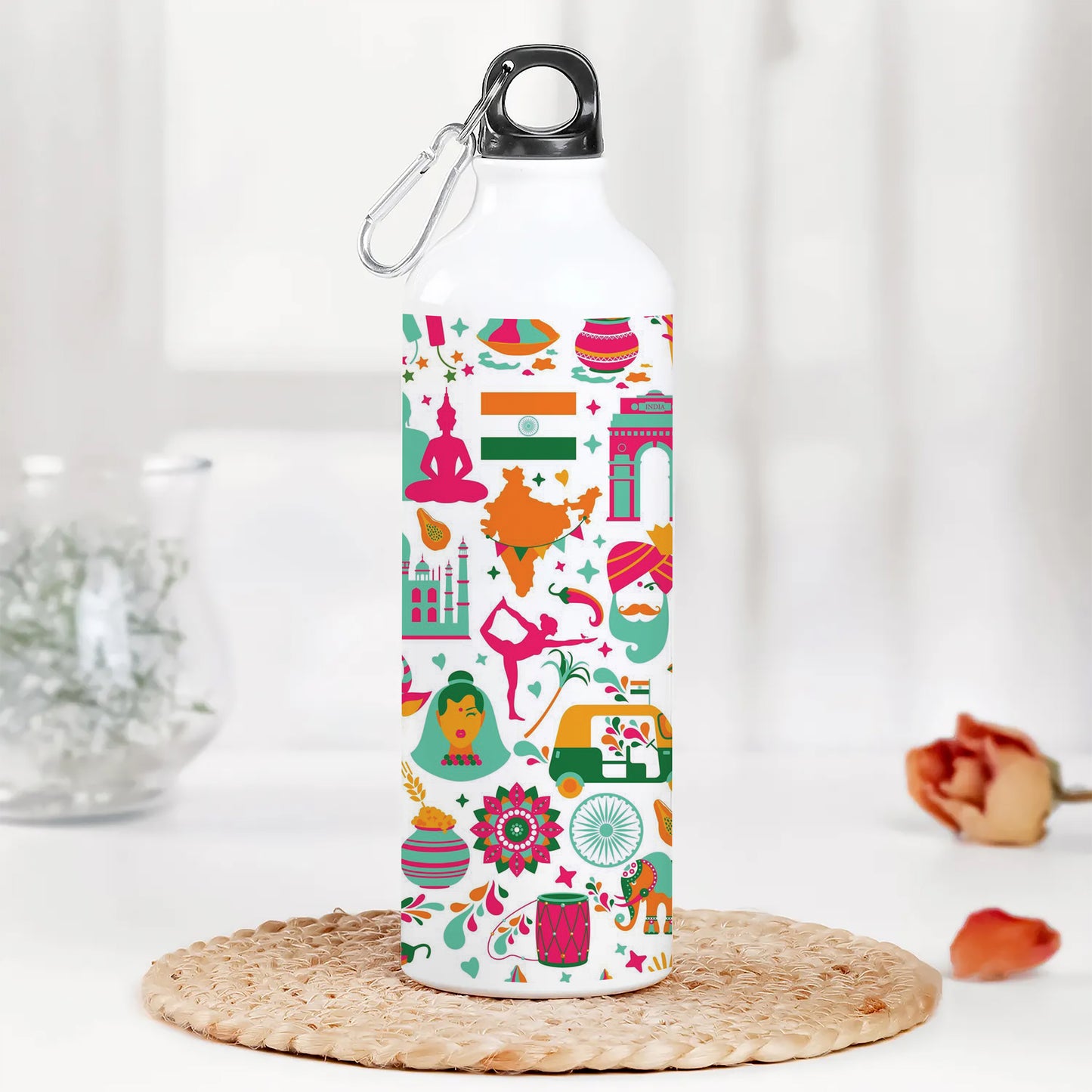 Indian architecture and Asian traditions set Pro Vector Printed Normal Sipper Water Bottle 750 ml For Gym, Yoga, Kids, Boys, Girls, Brother, Sister, Babies, Baby, Workout, Adults