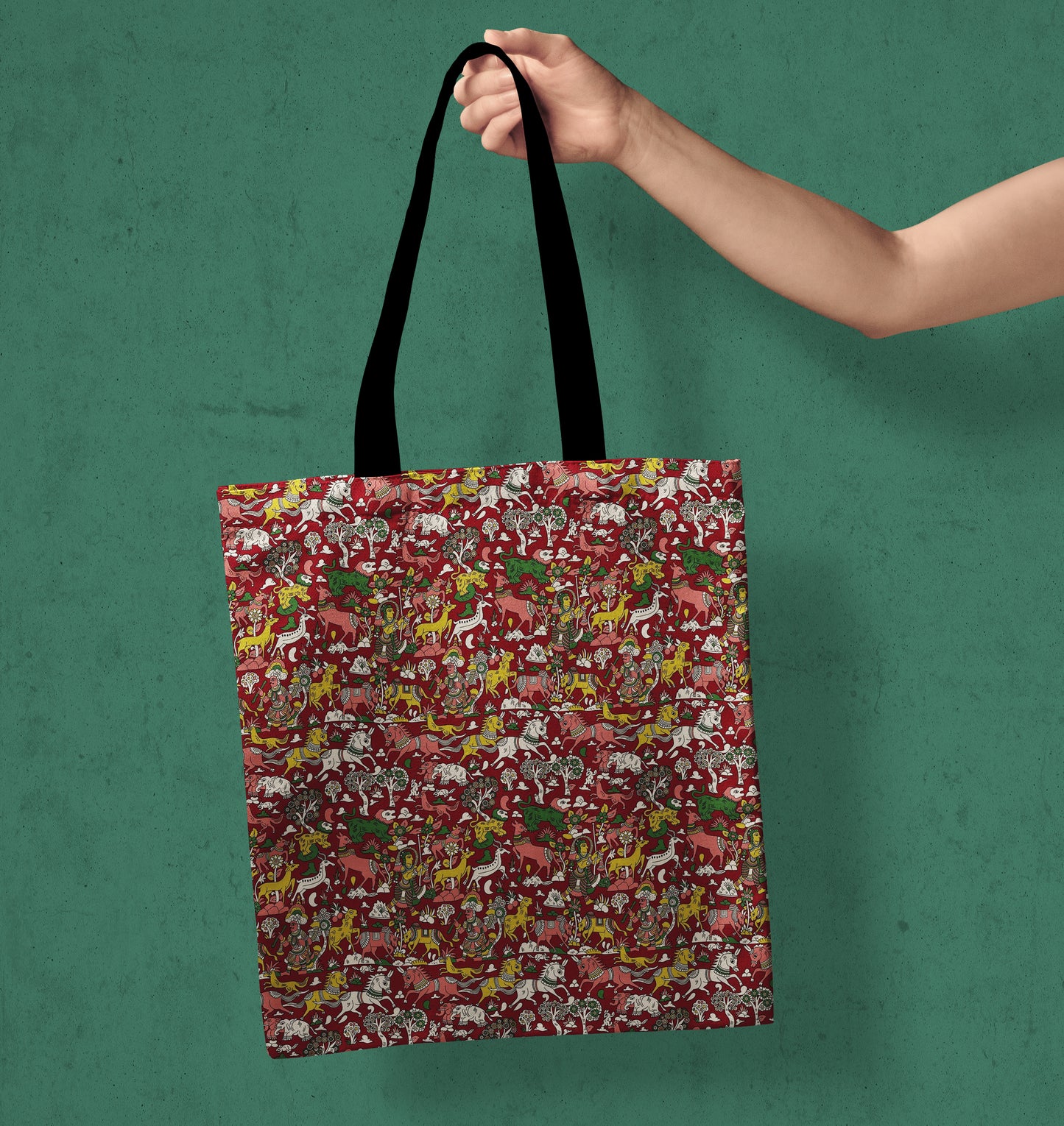 Kalamkari Art Design Printed Black Handle Tote Bag (14 X 16 Inches) For Shopping, College, Travel