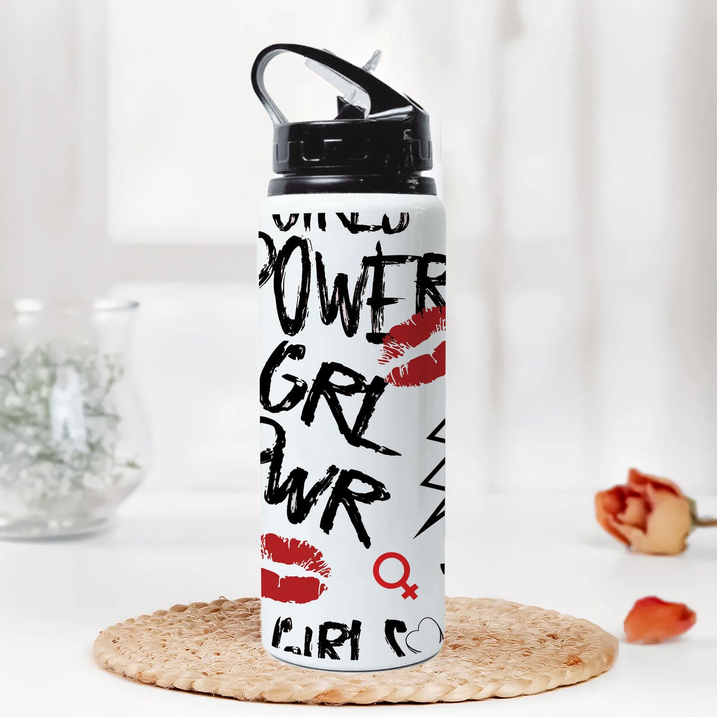 Girl power typography pattern Printed Black Nozzle Water Bottle 750 ml For Gym, Yoga, Kids, Boys, Girls, Brother, Sister, Babies, Baby, Workout, Adults