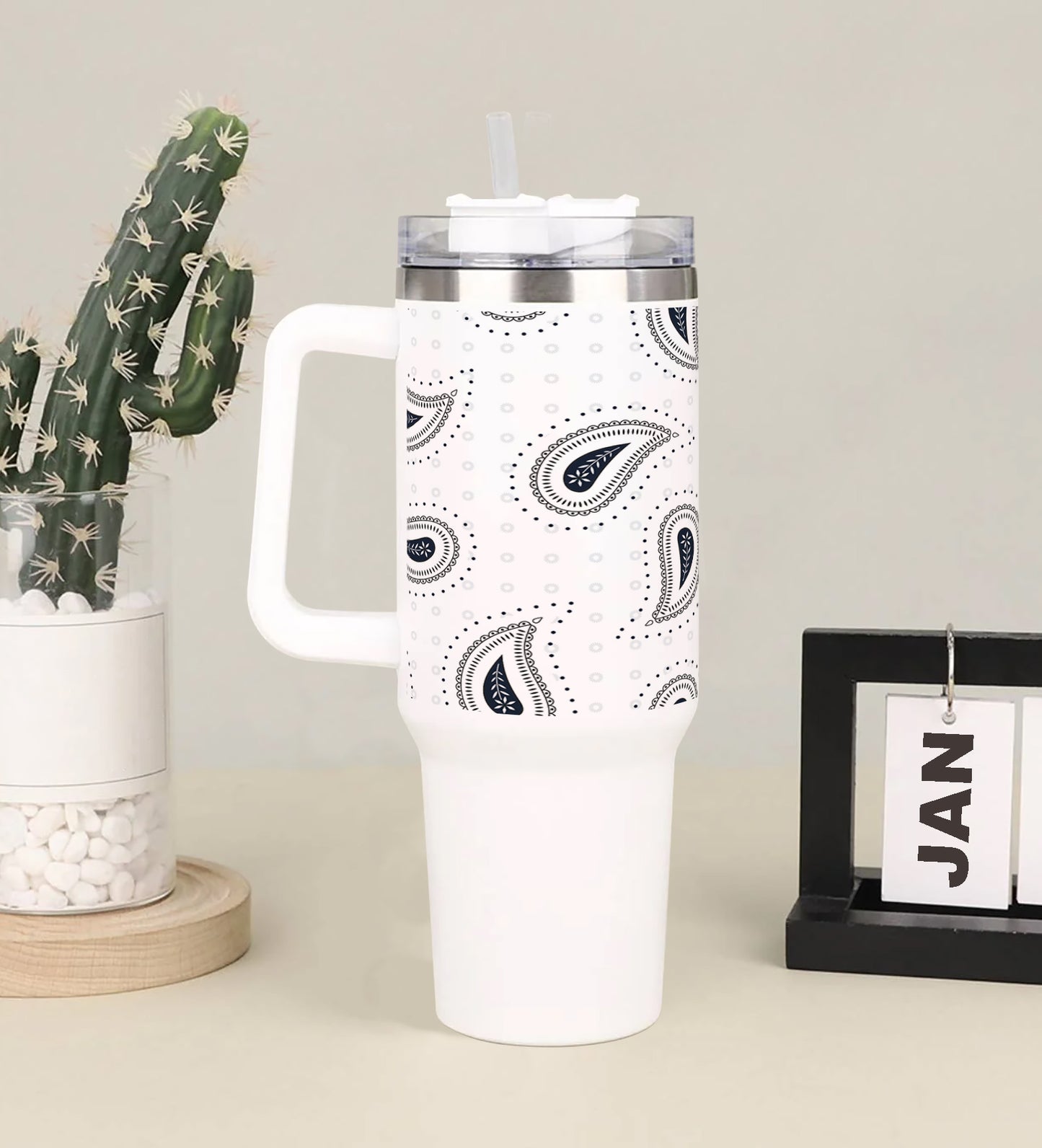 Simple paisley black pattern Printed 850ML with Lid Leak Proof Big Travel Tumbler with Handle and Straw