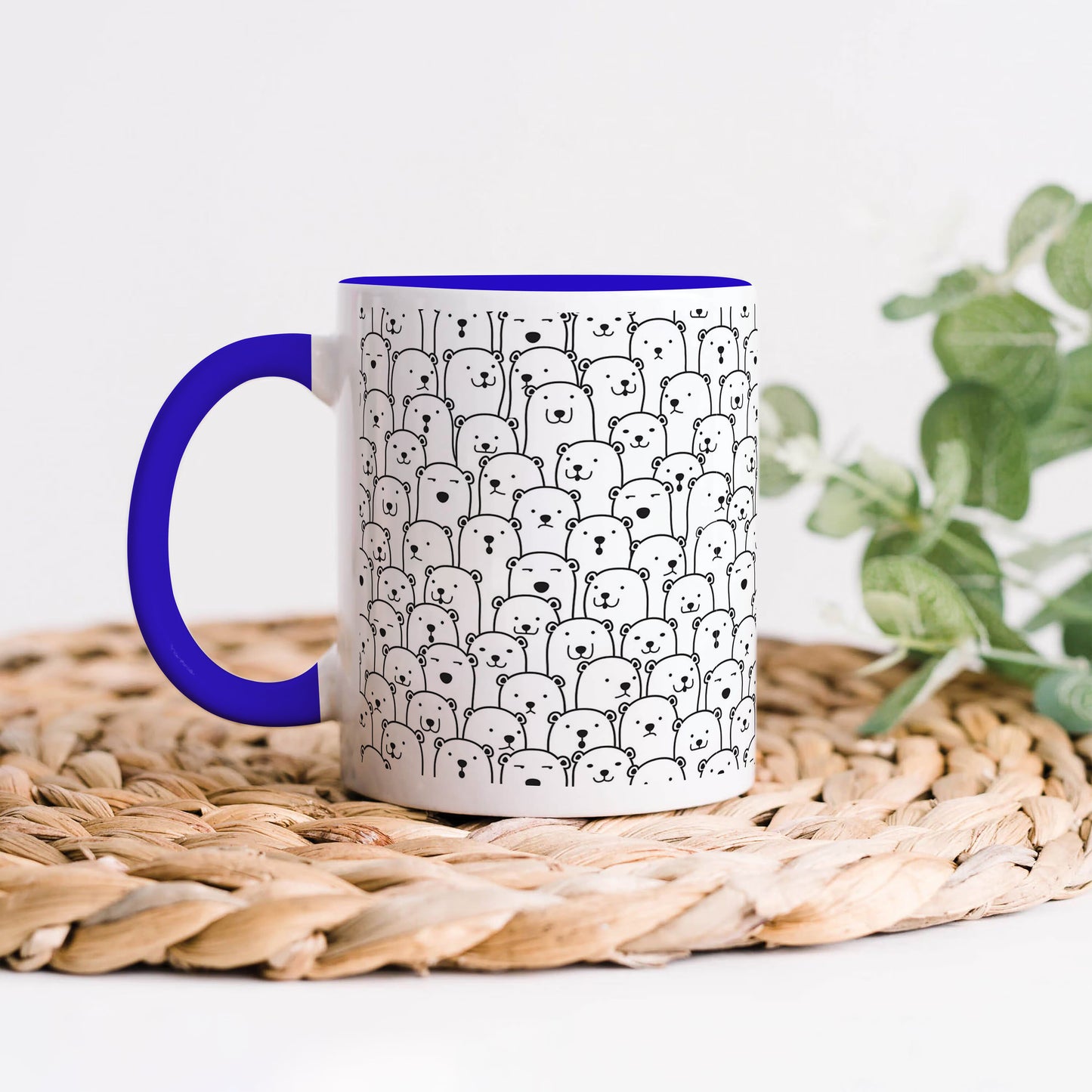Black in white bear Doodle hand drawn pattern Dark Blue Handle 330 ml Coffee Mug