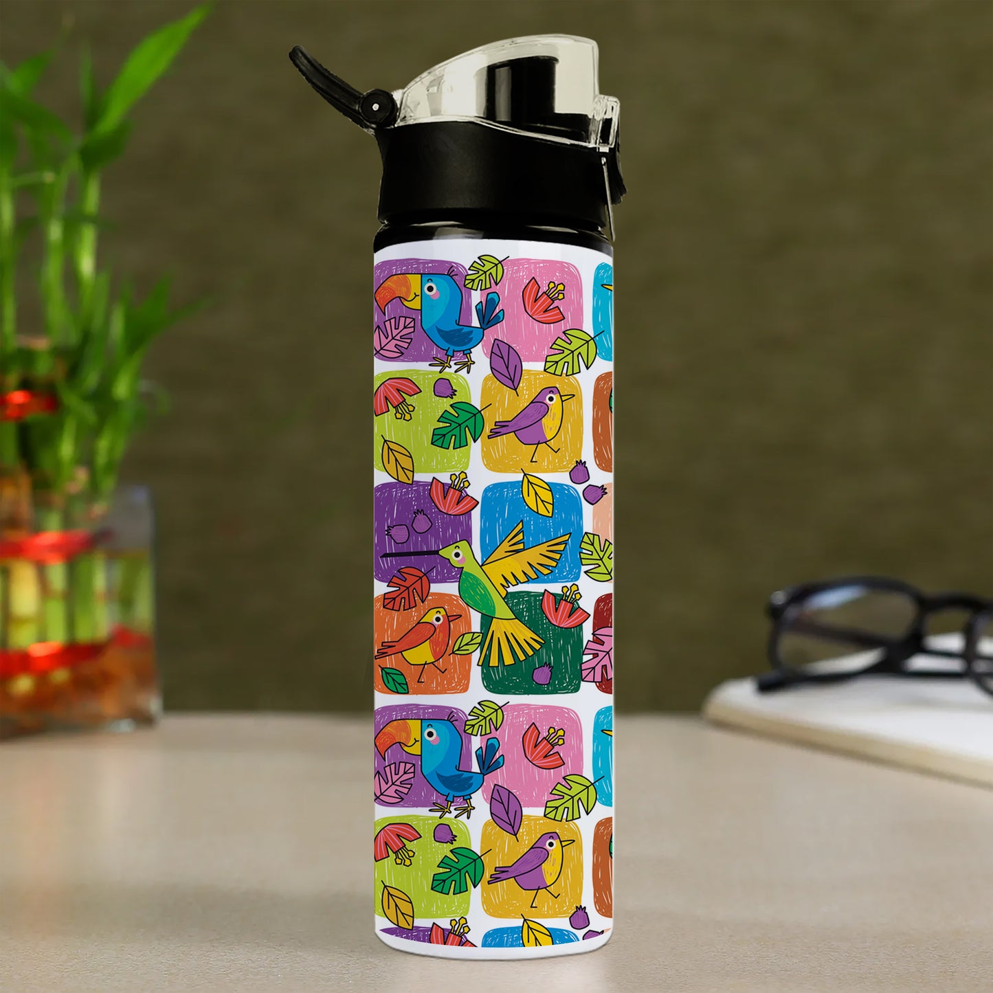 Childlike animals pattern design Printed Flip Flop Water Bottle 750 ml For Gym, Yoga, Kids, Boys, Girls, Brother, Sister, Babies, Baby, Workout, Adults