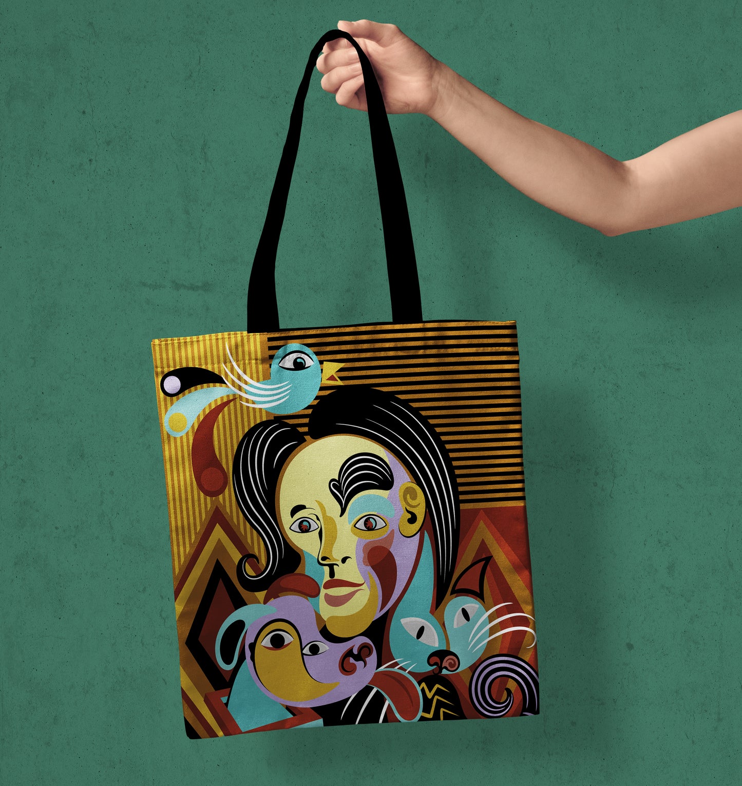 Abstract Portrait Art Style Printed Black Handle Tote Bag (14 X 16 Inches) For Shopping, College, Travel