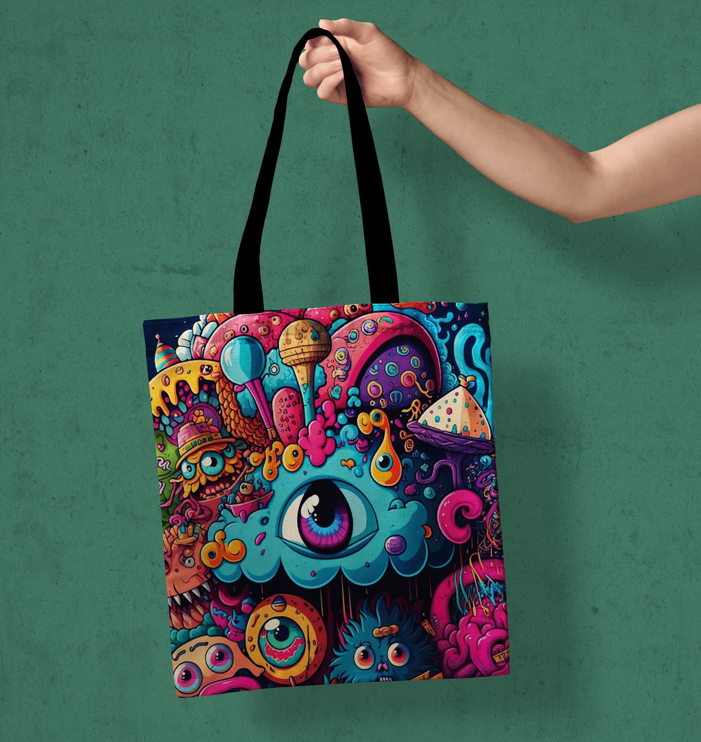 Abstract Neon Cartoon Art Printed Black Handle Tote Bag (14 X 16 Inches) For Shopping, College, Travel