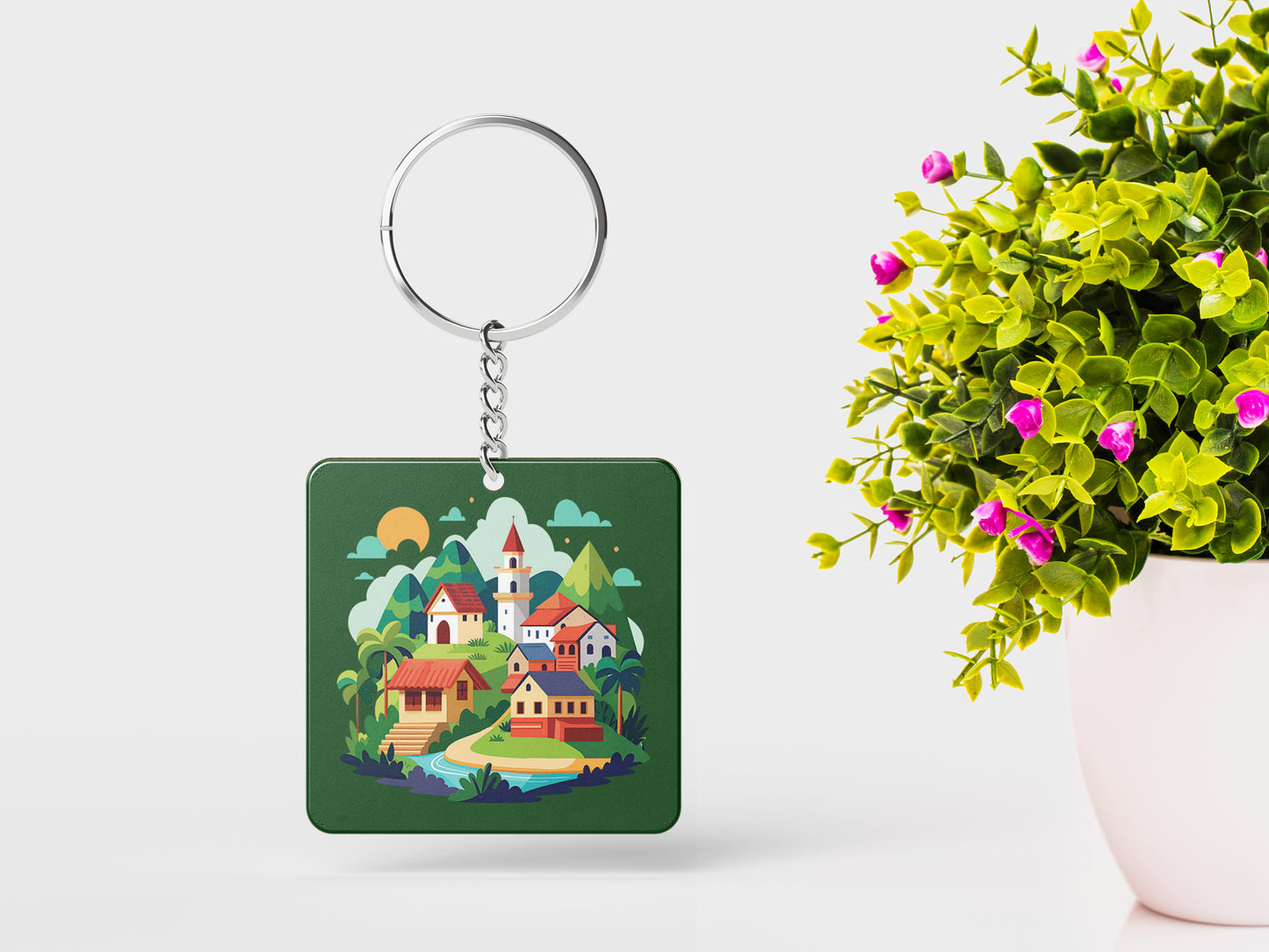 A Cartoon Illustration of a Fantasy Landscape with a Waterfall a Castle and a Mountain Printed Square Shape Wooden Keyring with Chain
