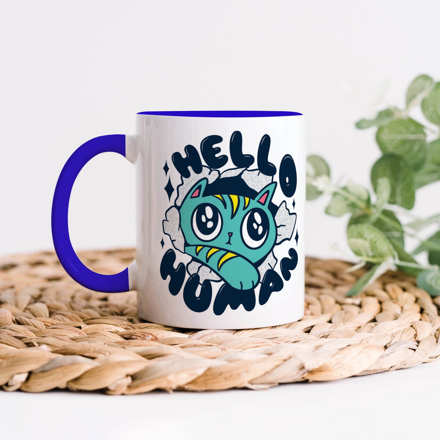 Cute Cat saying Hello Human design Dark Blue Handle 330 ml Coffee Mug