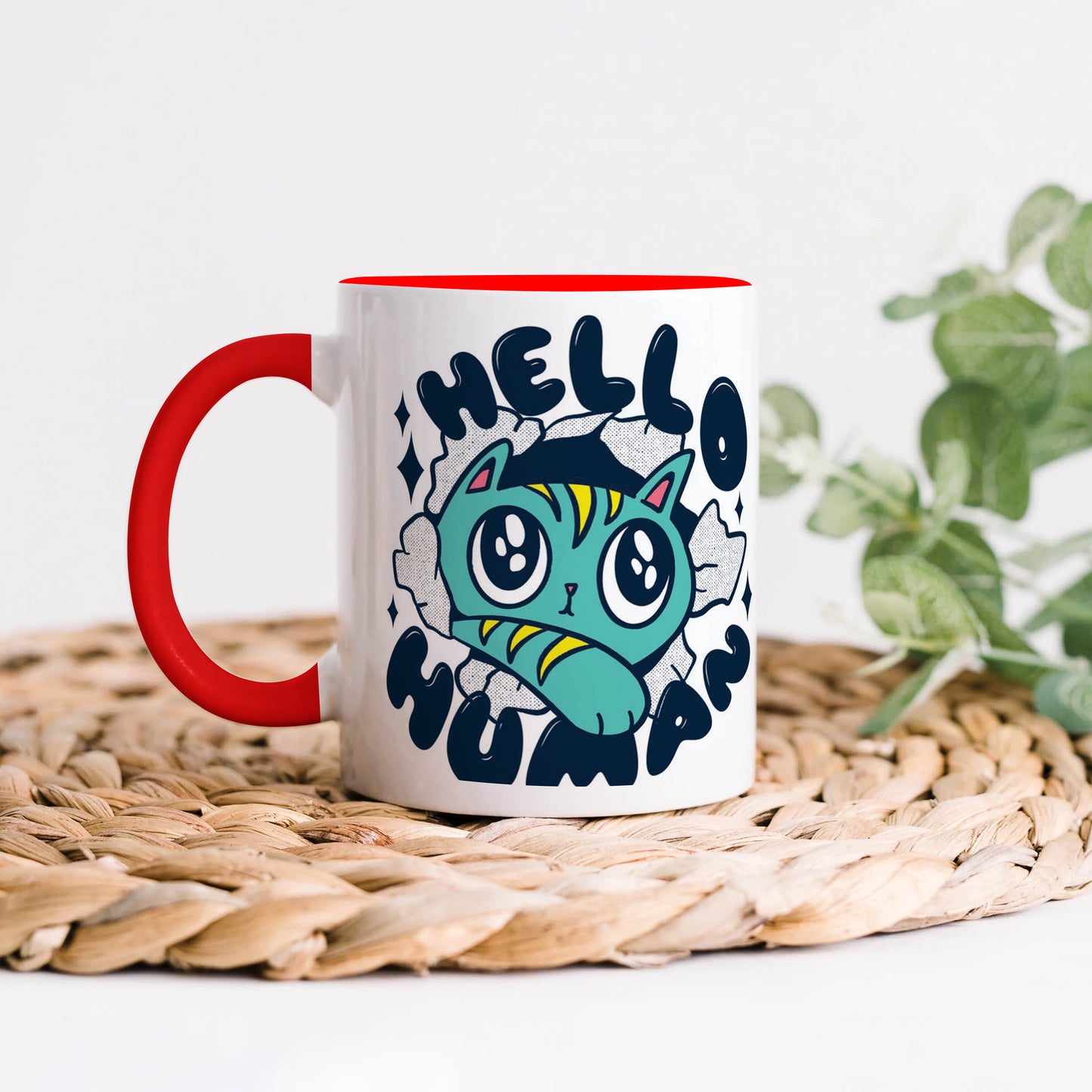 Cute Cat saying hello Human design Red Handle 330 ml Coffee Mug