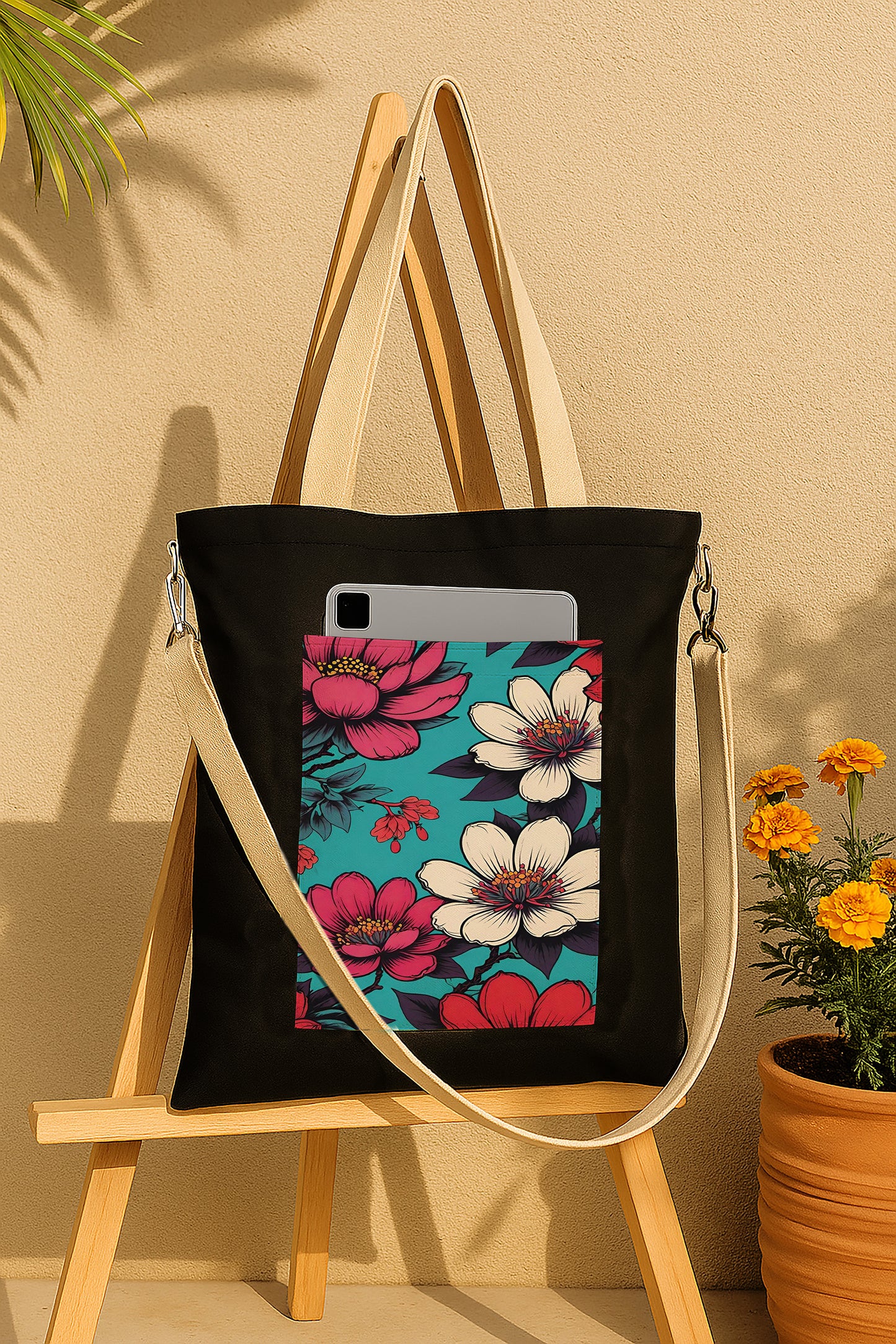 Flower black patch 2 Printed Women's Girls Cross Body Sling Bag with Extra Front Pocket, College Bag for Girls, Tote Bag for Shopping,Travel