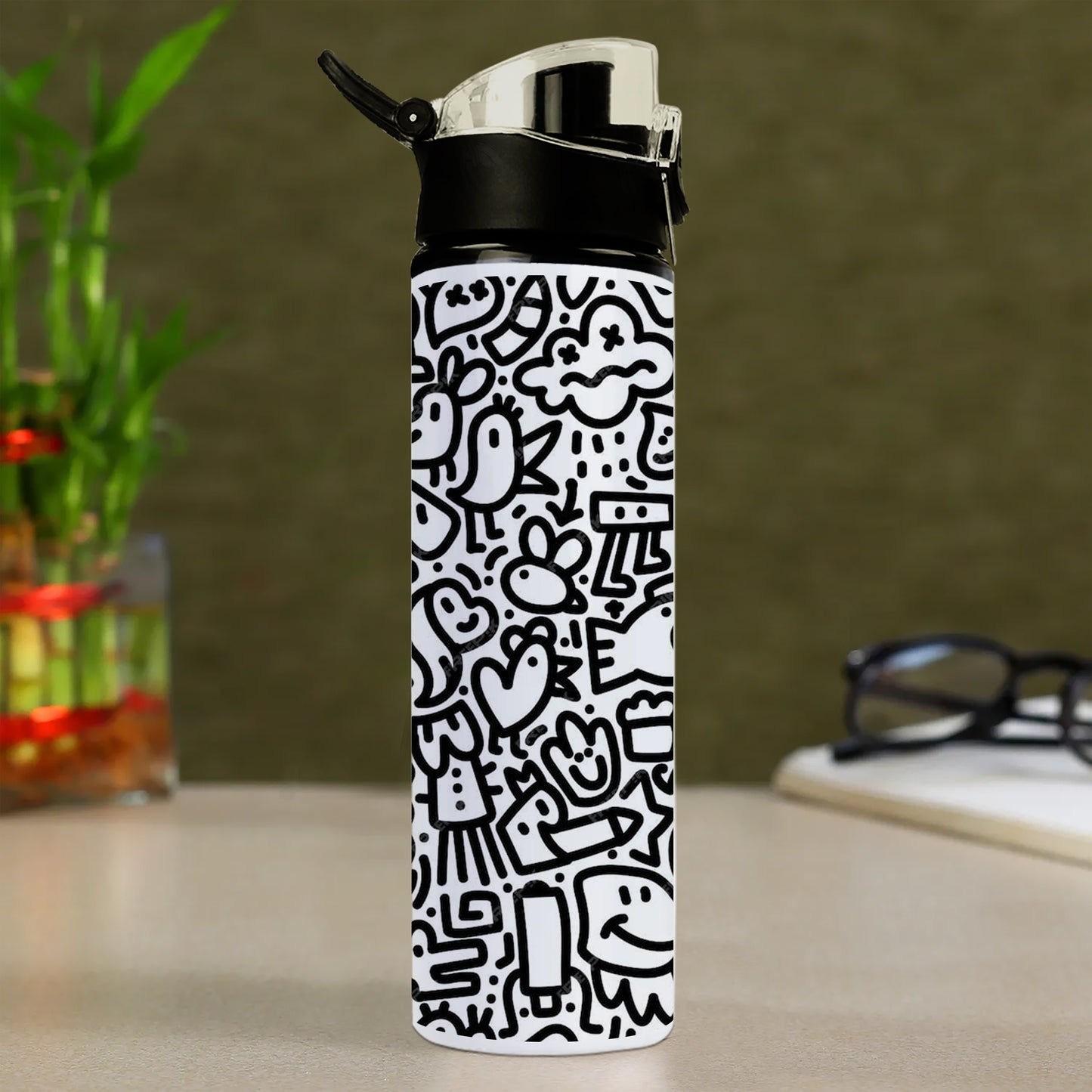 Black in white doodle art Printed Flip Flop Water Bottle 750 ml For Gym, Yoga, Kids, Boys, Girls, Brother, Sister, Babies, Baby, Workout, Adults