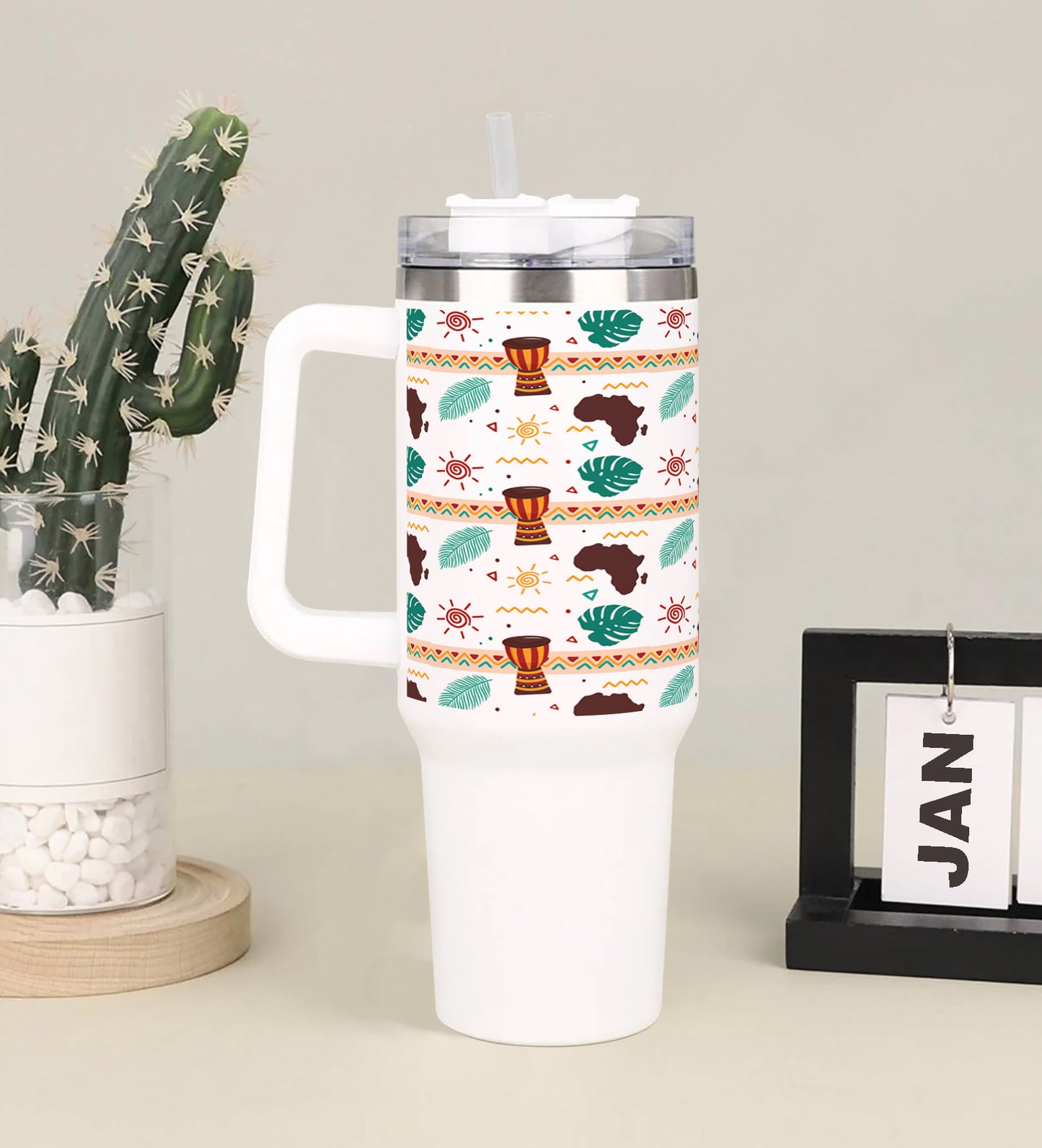 Flat african pattern design Printed 850ML with Lid Leak Proof Big Travel Tumbler with Handle and Straw