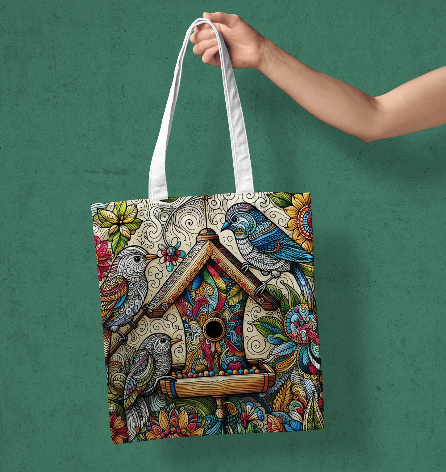Birds and Feather madhubani art Printed Design White Tote Bag (14 X 16 Inches) For Shopping, College, Travel