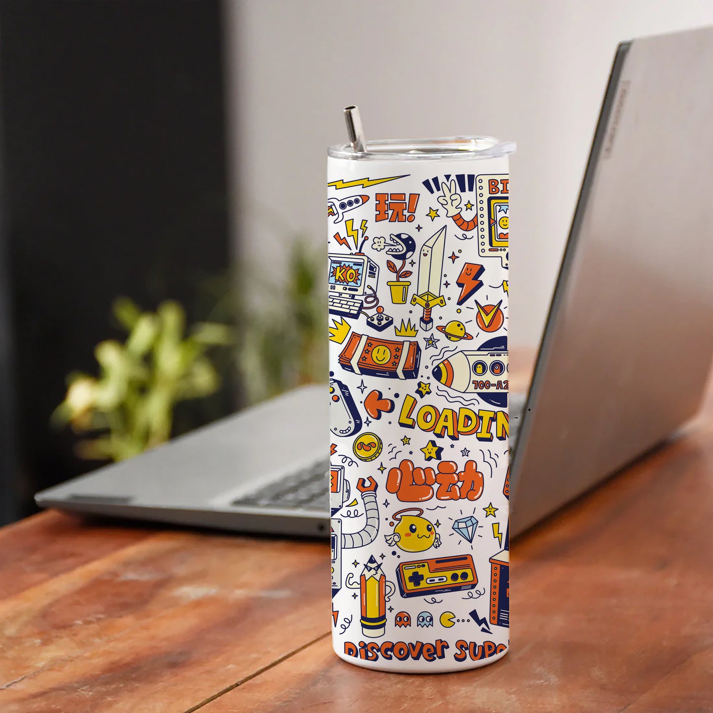 Game city colorful doodle art Printed 750ML with Lid Leak Proof Travel Tumbler with Straw