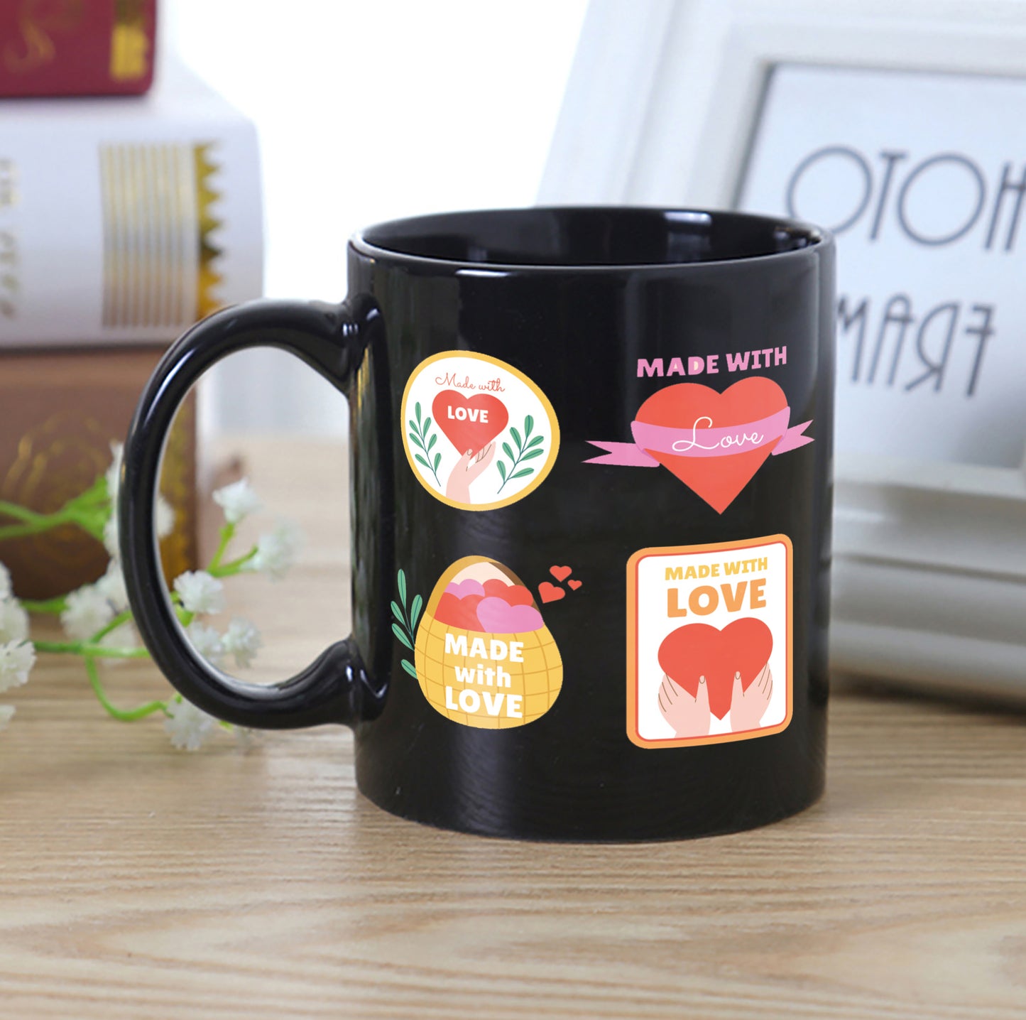 Hand drawn made with love floral label design Full Black 330 ml Coffee Mug