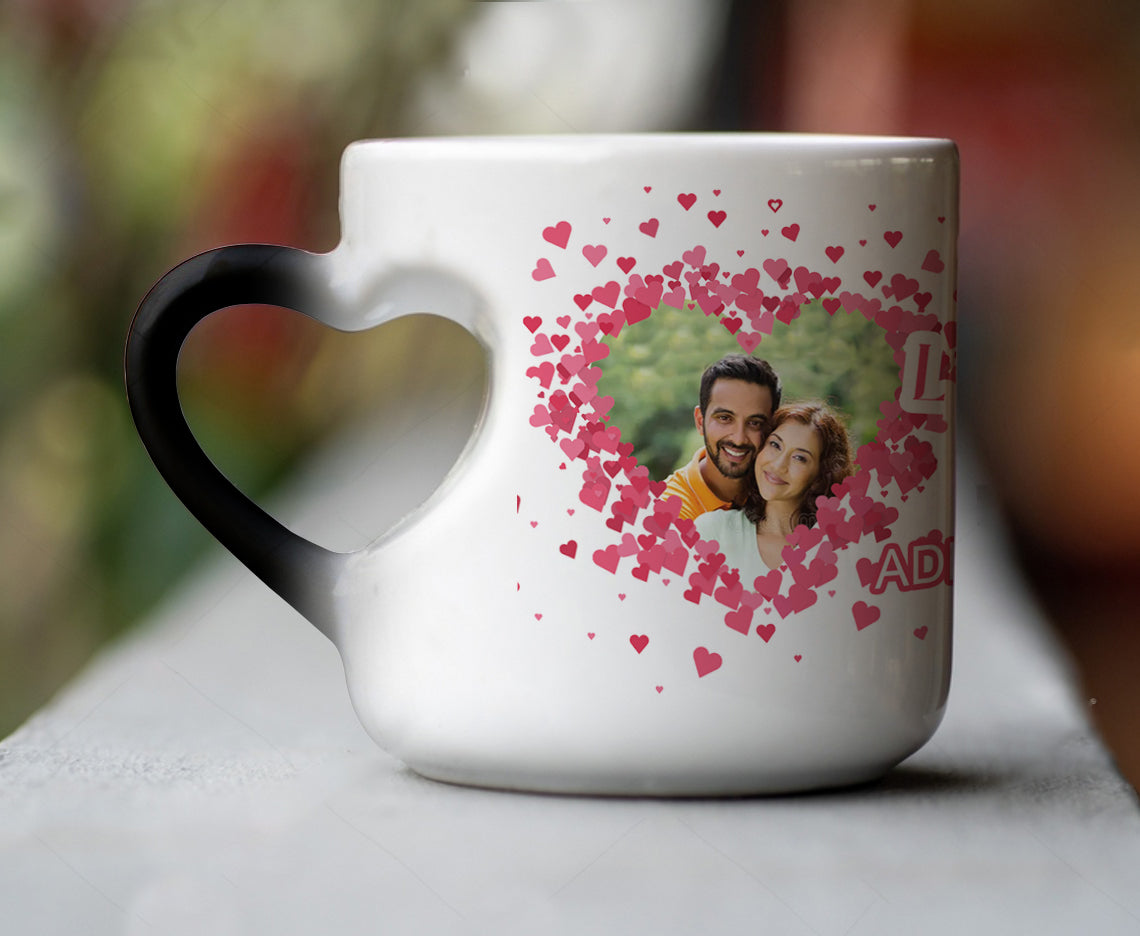 Couple Personalized Add Two Photos Magic Inner Heart Cut Handle 330 ml Coffee Mug