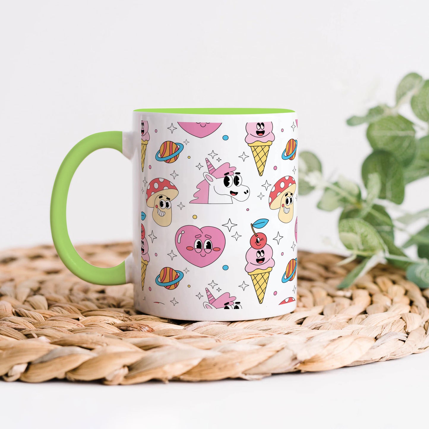 Hand drawn flat trendy cartoon pattern Light Green Handle 330 ml Coffee Mug