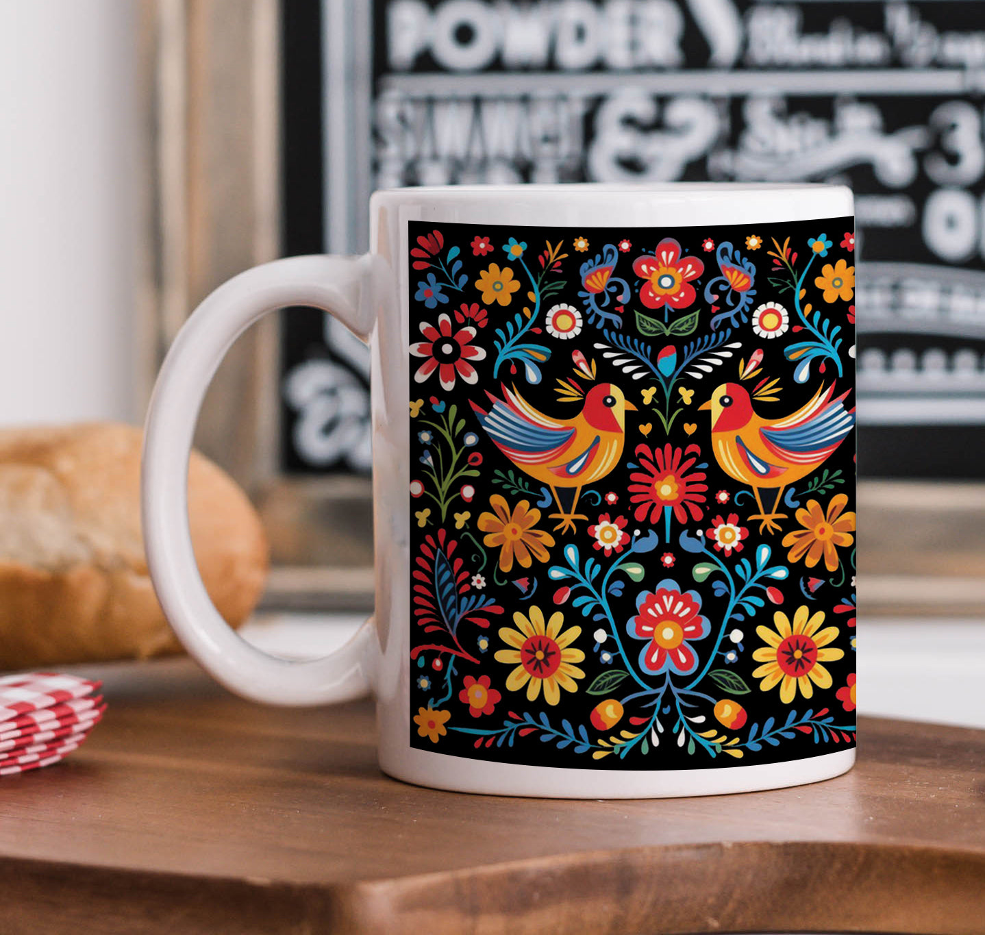 Mexican Folk Art Patterns Printed 330 ml White Coffee Mug with Square Shape Wooden Keyring and Chain