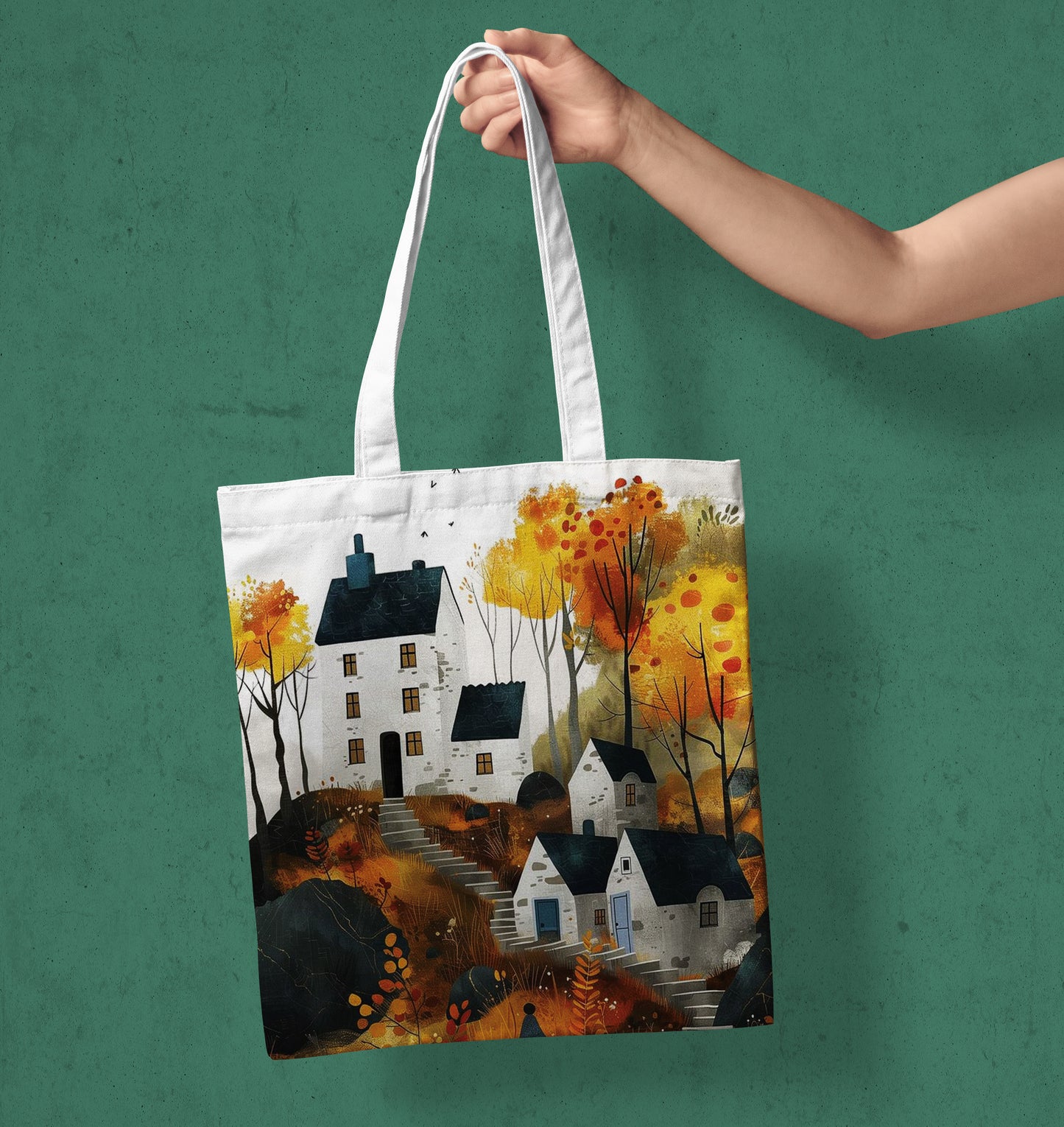 Colorful Autumn Landscape design pattern Printed Design White Tote Bag (14 X 16 Inches) For Shopping, College, Travel