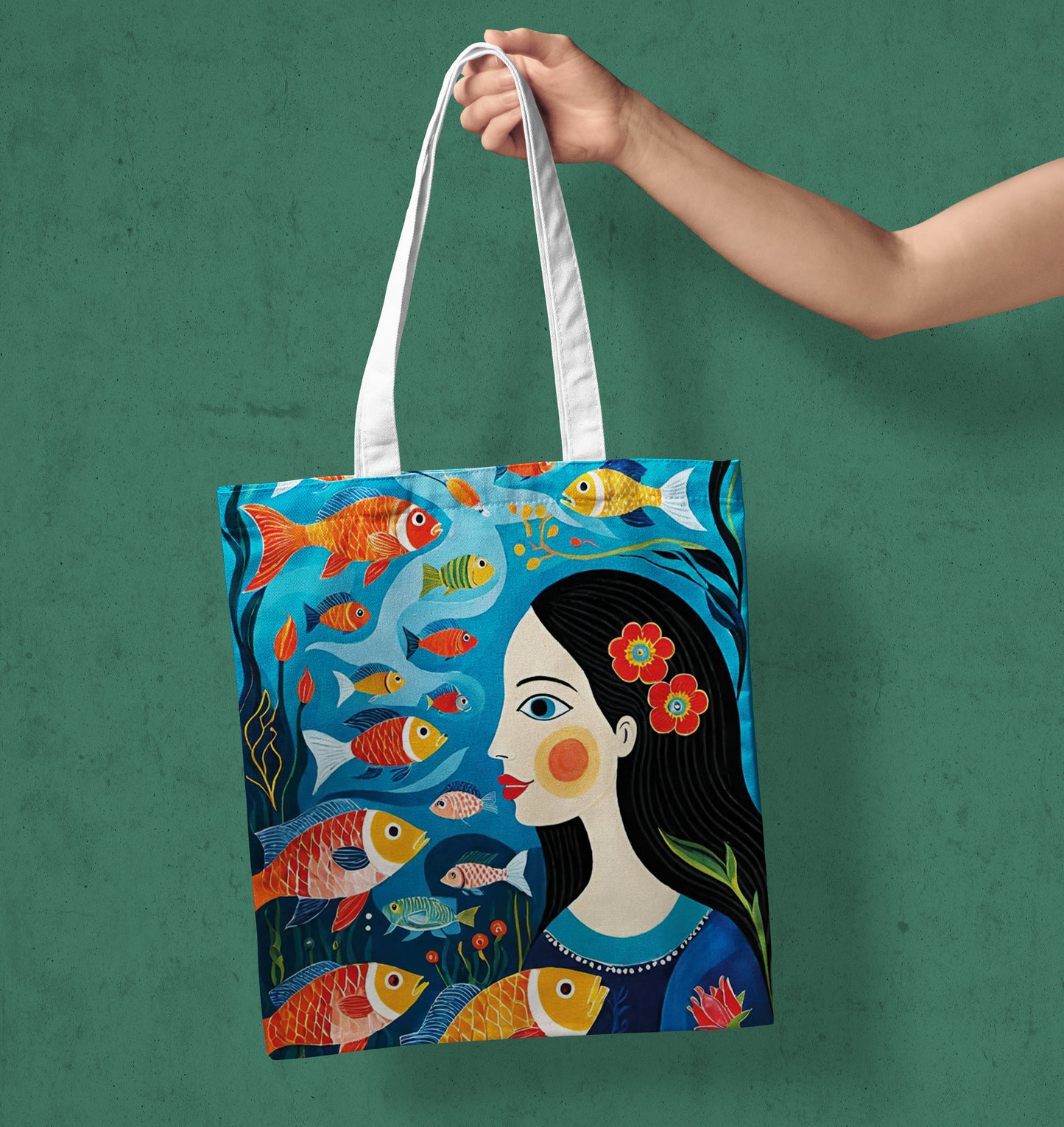 Fishes with woman Printed Design White Tote Bag (14 X 16 Inches) For Shopping, College, Travel
