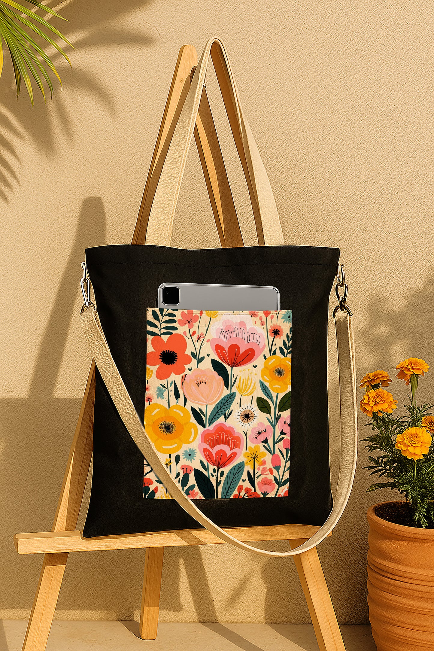 Flower Black Patch 1 Printed Women's Girls Cross Body Sling Bag with Extra Front Pocket, College Bag for Girls, Tote Bag for Shopping,Travel