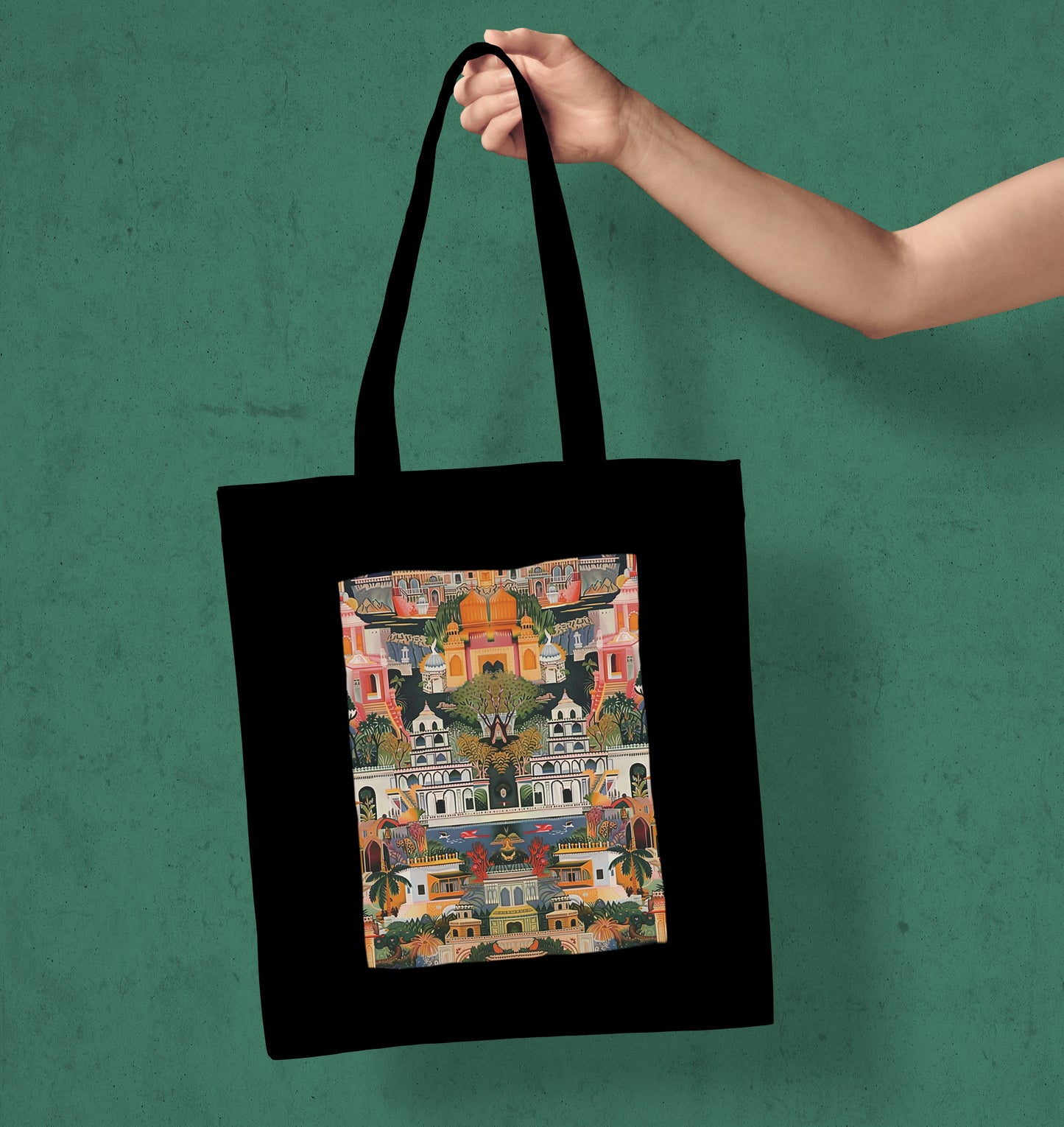 Oriental buildings and trees Design Printed Black Patch With Pocket Tote Bag (14 X 16 Inches) For Shopping, College, Travel