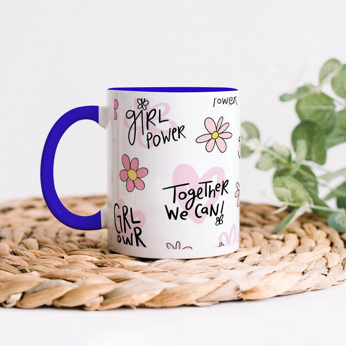Cute pink flower and heart Seamless pattern Dark Blue Handle 330 ml Coffee Mug