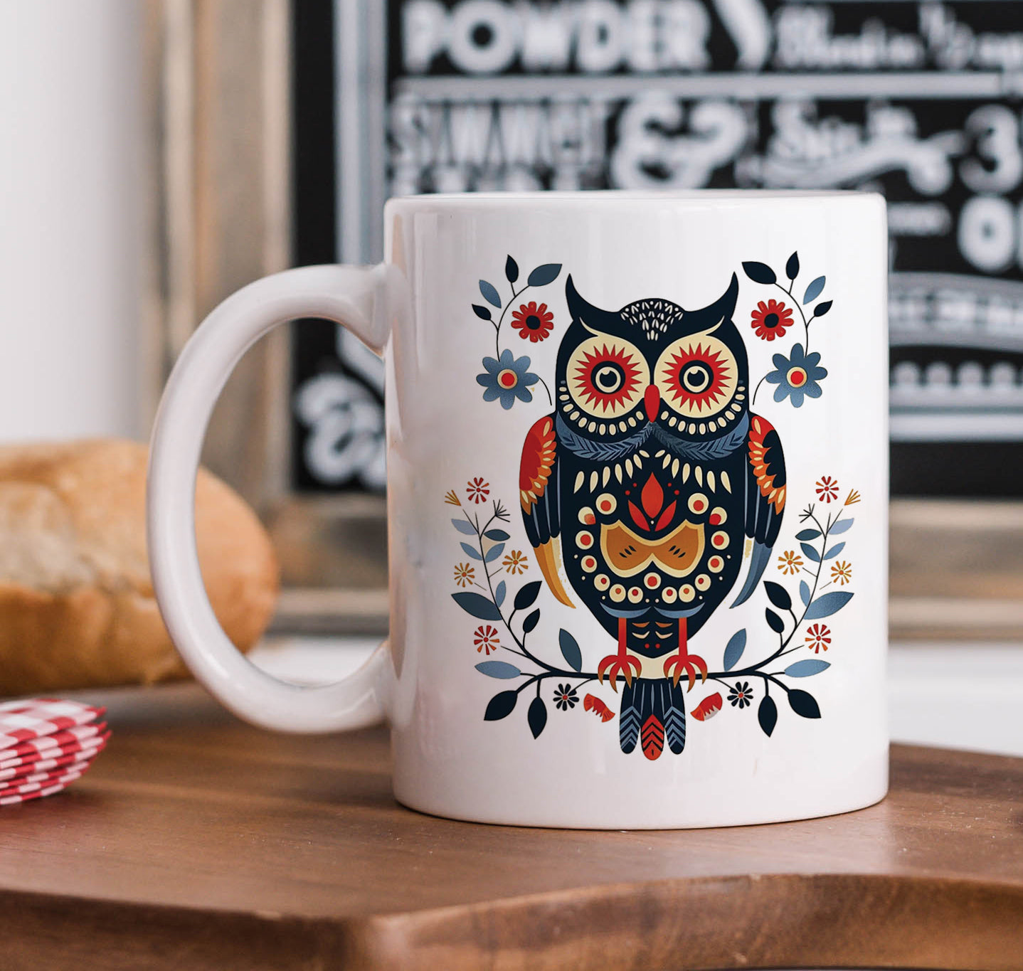 Owl Nordic Folk Art Mug and Keychain Combo 330 ml Coffee Mug