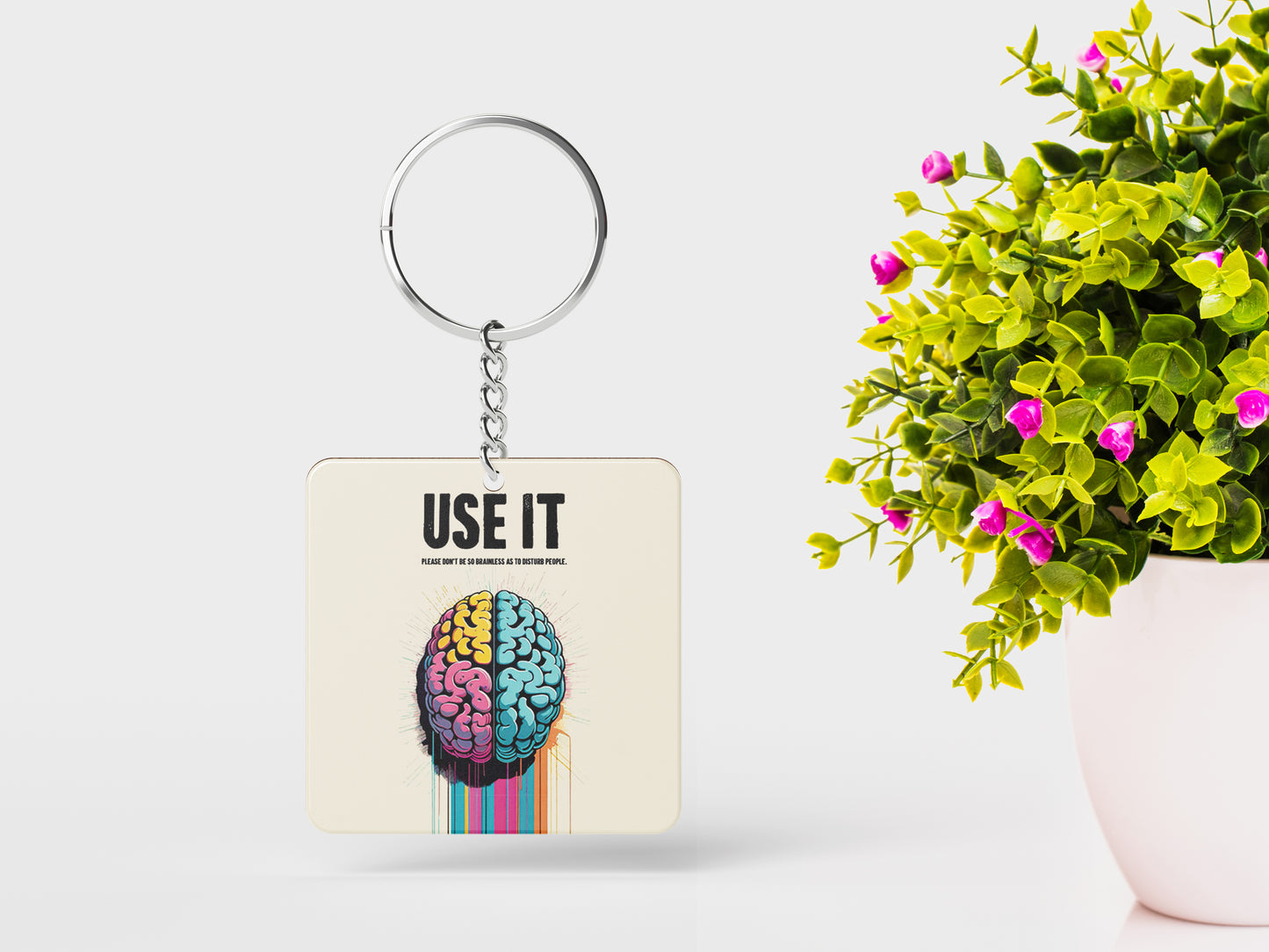 Vibrant Dual Hemisphere Brain Art Motivational Printed Square Shape Wooden Keyring with Chain