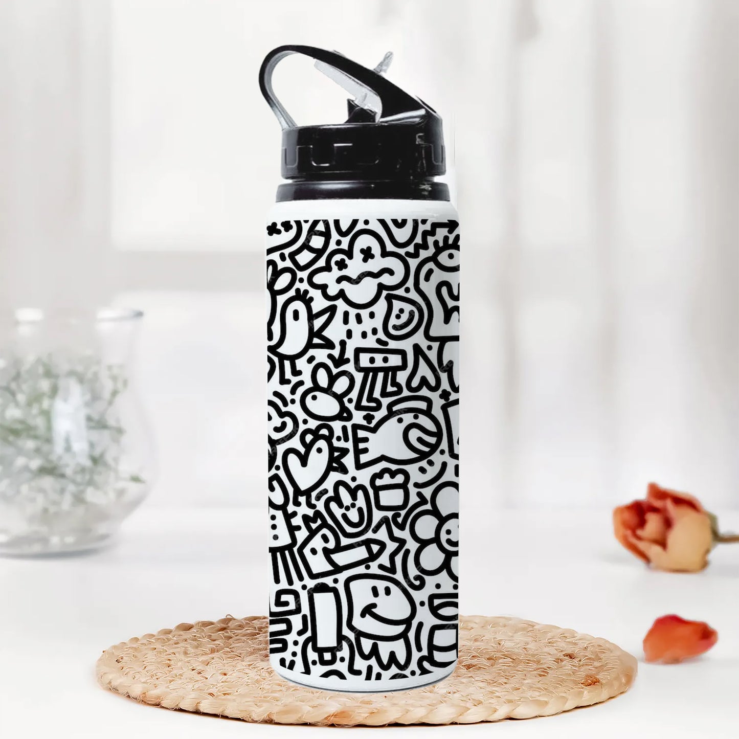 Black in white doodle art Printed Black Nozzle Water Bottle 750 ml For Gym, Yoga, Kids, Boys, Girls, Brother, Sister, Babies, Baby, Workout, Adults