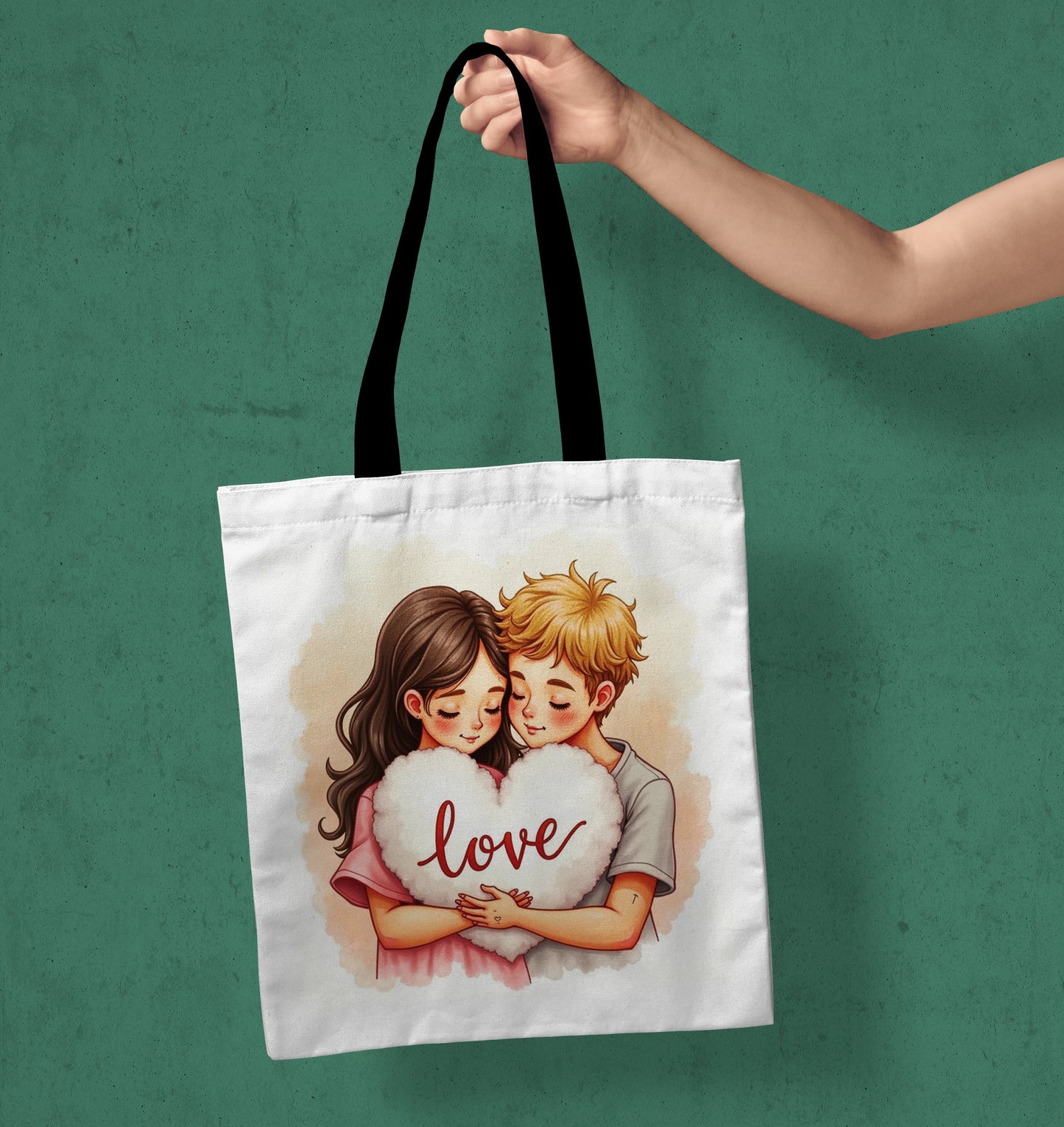 Cute Couple Vector Art Design Printed Black Handle Tote Bag (14 X 16 Inches) For Shopping, College, Travel